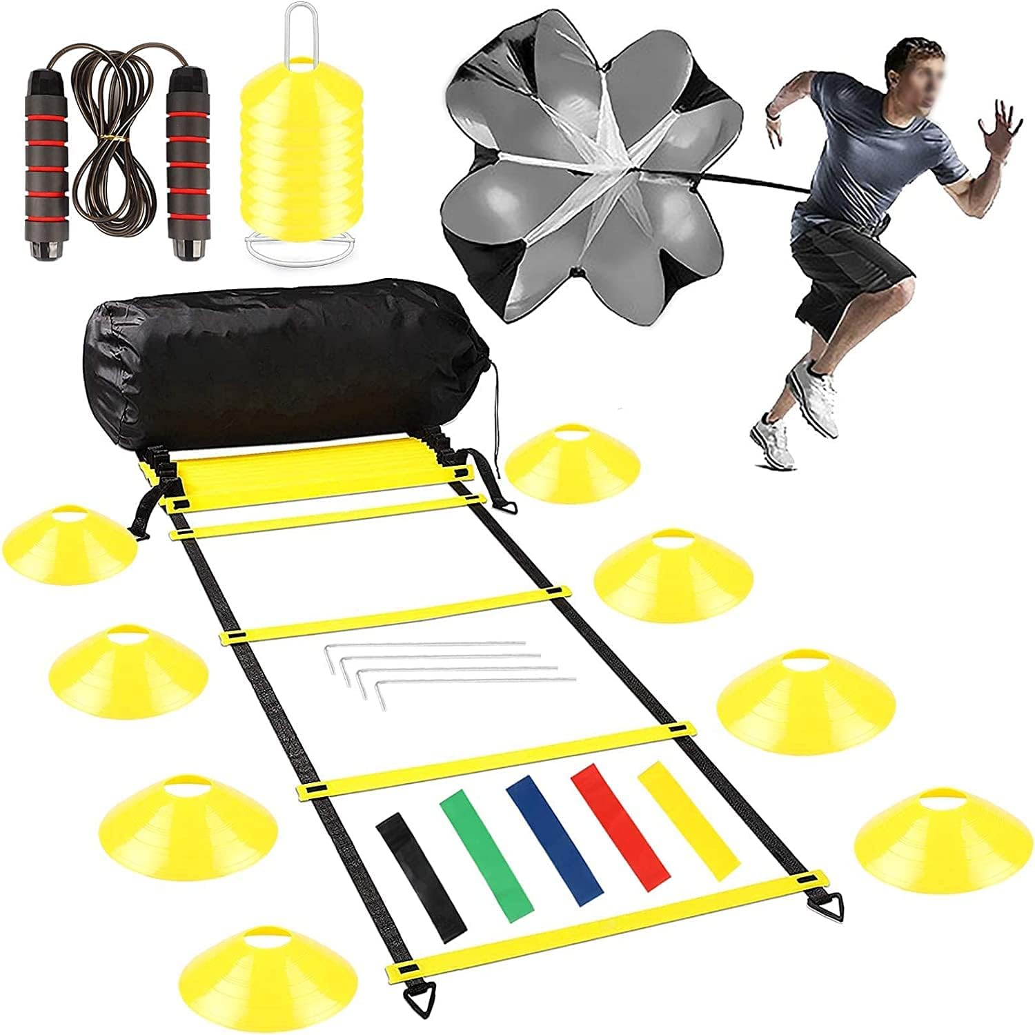 Set de Entrenamiento de Fútbol Agility Speed Ladder, Escalera de Coordinación 8m, 16 Conos Accesorios de Paracaidas Entrenamiento Futbol, Kit de Entrenamiento Futbol Niños y Adultos