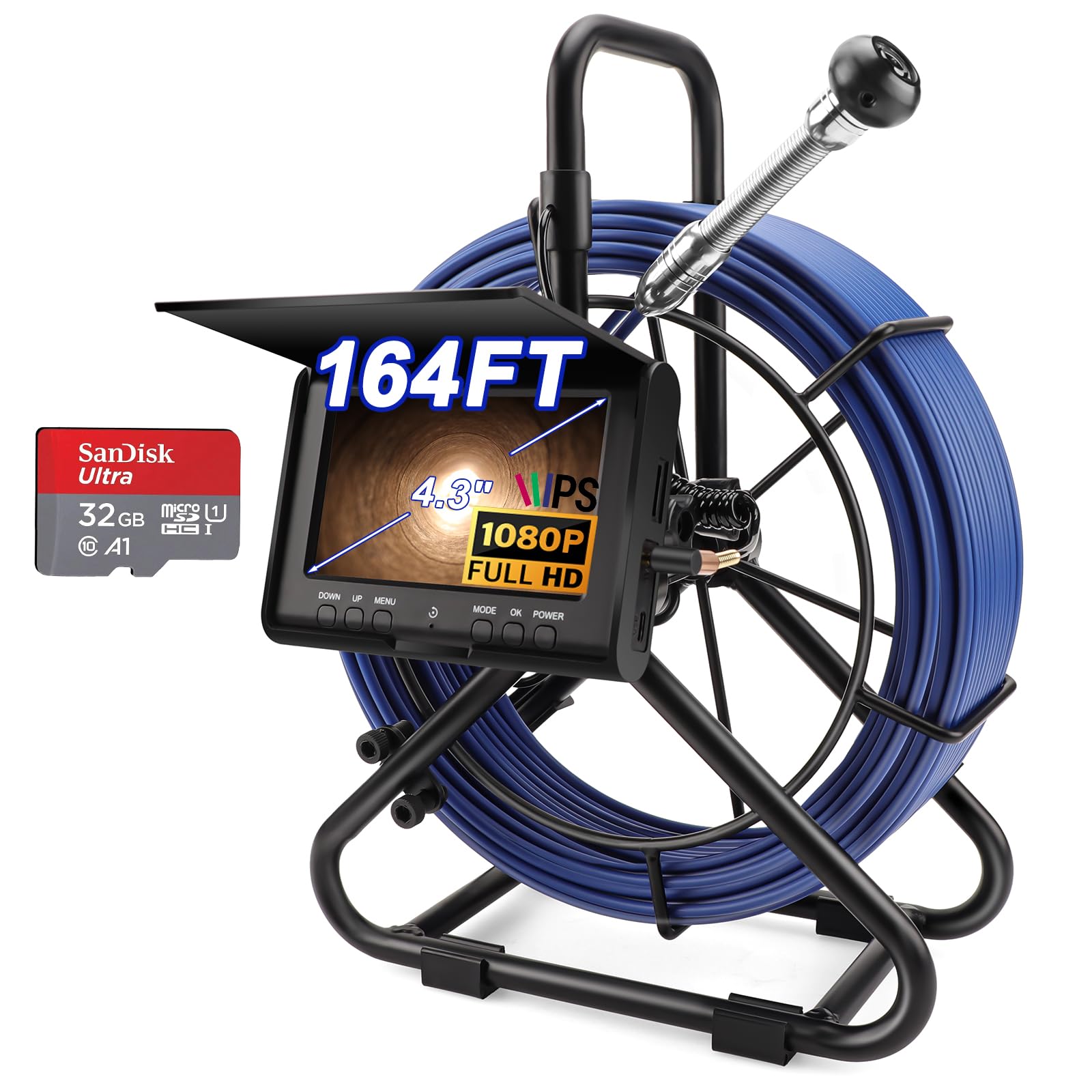 KAOLALI Cámara de Inspección de Tuberías 50M, 4,3'' Cámara de Tubo 1000TVL Plomería Snake Cámara con DVR, Cámara Endoscópica con 5000mAh Batería 6 Luces LED, Incluye Tarjeta de 32GB