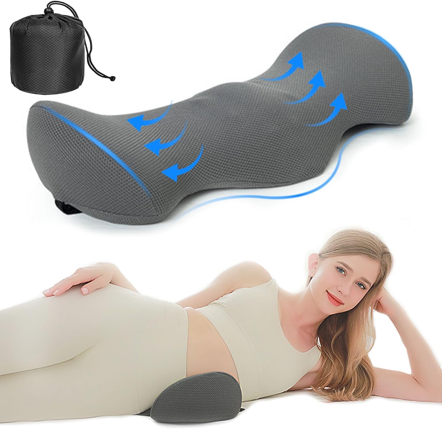 Cojin Lumbar Ergonómica, Almohada de Apoyo Cama, Almohada Lumbar para Dormir Silla Oficina, Espuma Viscoelástica, Cojin para Lumbares, Cojin Lumbar para Sillas, Cama, Coche, Sofa (Gris)