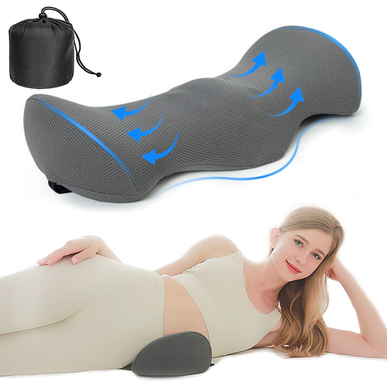 TFCIOD Cojin Lumbar Ergonómica, Almohada de Apoyo Cama, Almohada Lumbar para Dormir Silla Oficina, Espuma Viscoelástica, Cojin para Lumbares, Cojin Lumbar para Sillas, Cama, Coche, Sofa (Gris)