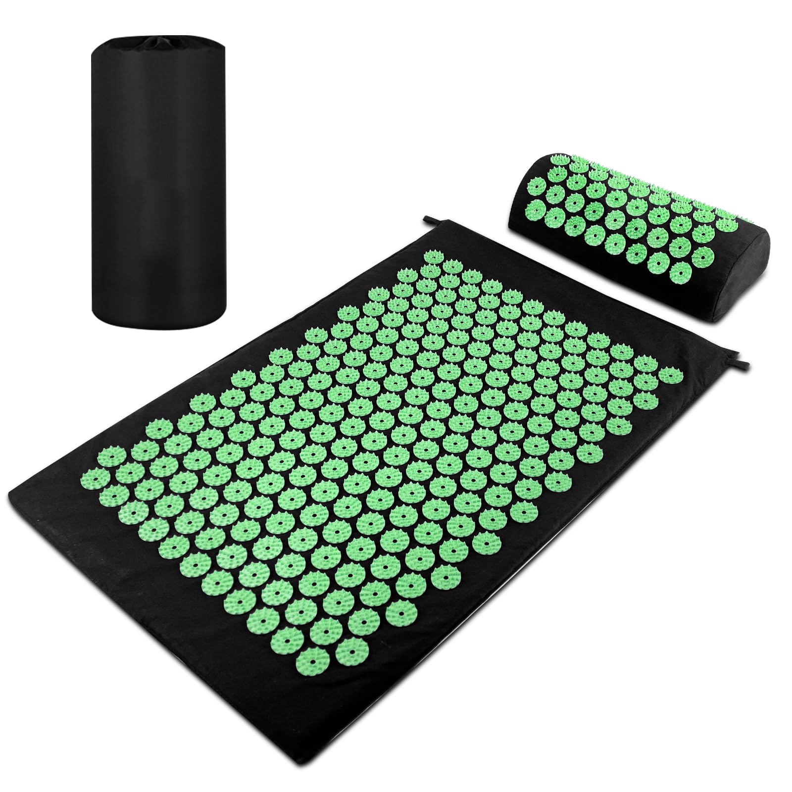 Magrimaxio Esterilla Acupresion Kit, Cojín de Acupresión con Almohada y Bolsa de Transporte, Mat de Masaje de Acupresión para Alivio del Dolor, Relajación Muscular, Meditación, Estimulación (Verde)