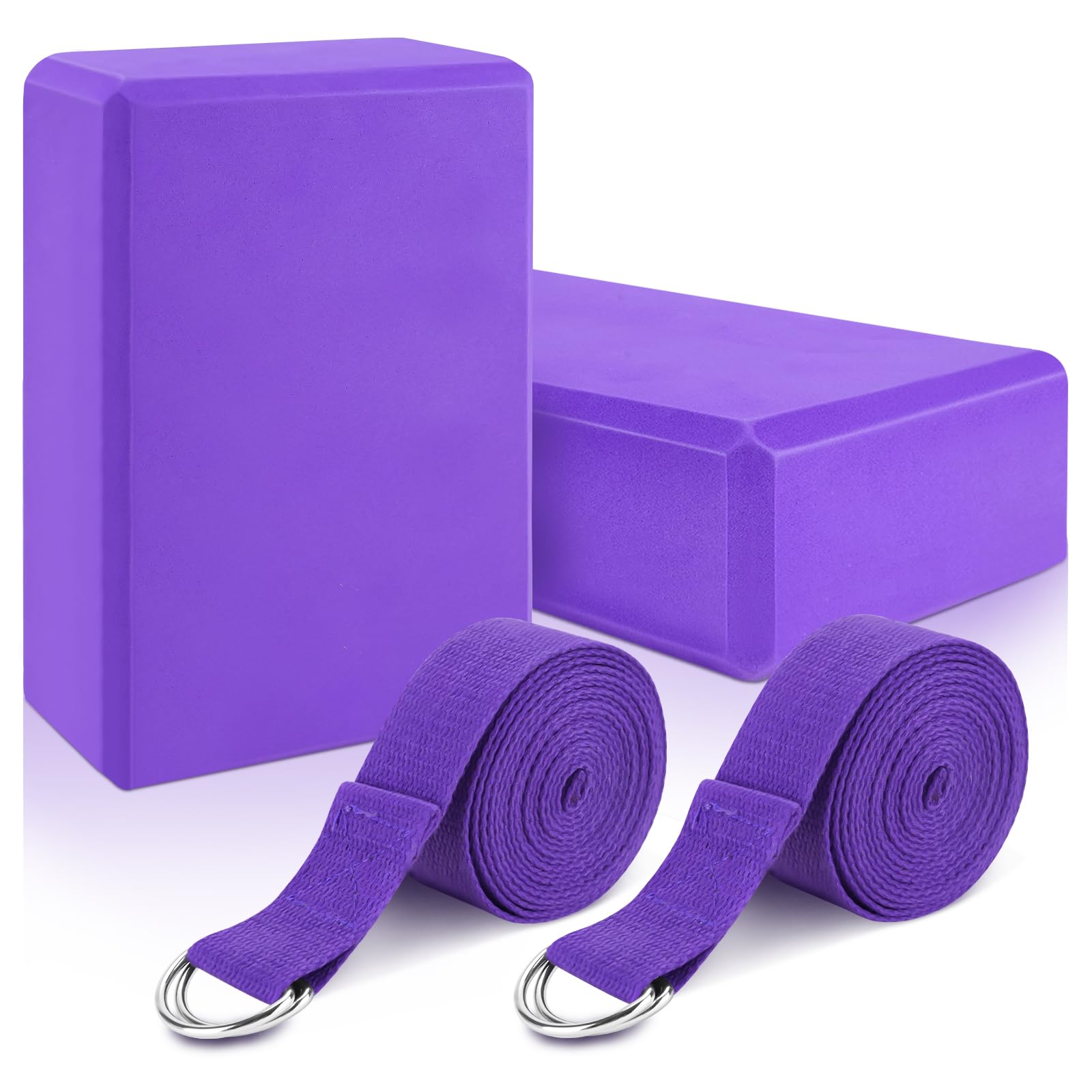 RETON Juego de 2 bloques de yoga con correa, bloque de yoga morado de alta densidad, bloques de espuma EVA ligera, bloques de yoga para pilates, ladrillo de yoga antideslizante con 2 correas de yoga