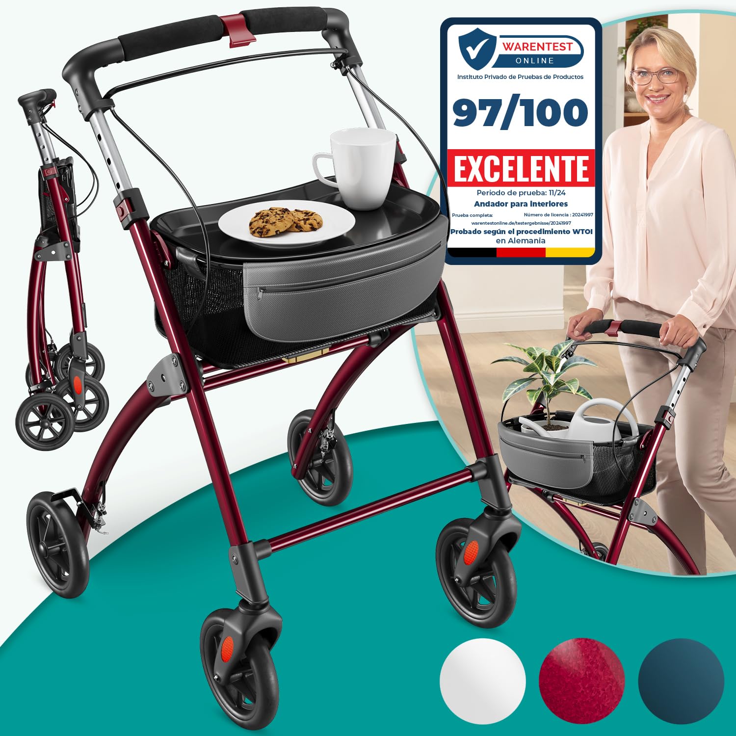 ELONEO Andador para Ancianos con 4 Ruedas - Plegable, Ligero y Compacto, Andador Adulto para Interiores, Ancho 54 cm, Incluye Bandeja y Cesta de Tela, Ayuda a la Movilidad de Aluminio Rojo