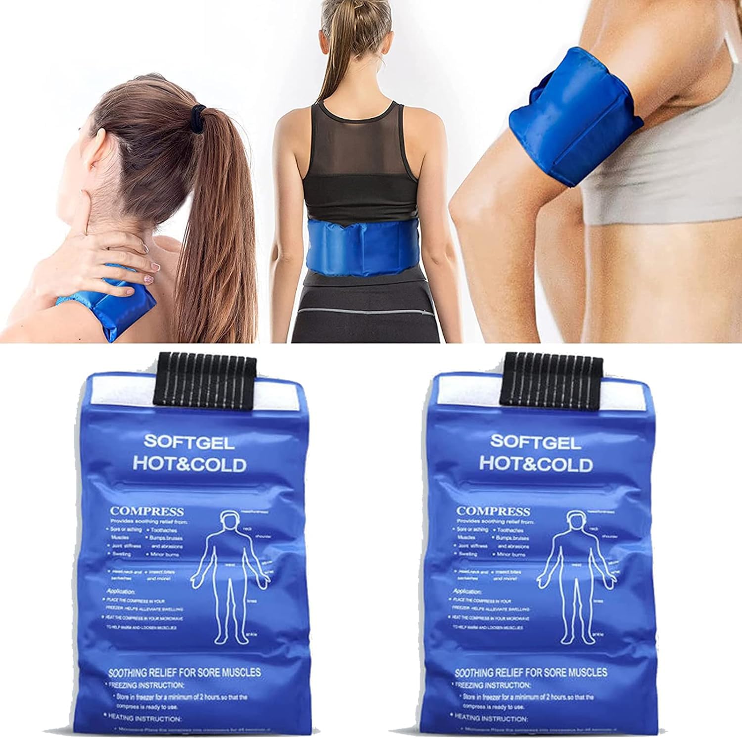 Pack de 2 paquetes de hielo en gel, paquete de calor reutilizable, compresa fría ajustable, para aliviar el dolor muscular, terapia de compresión caliente y fría para esguinces