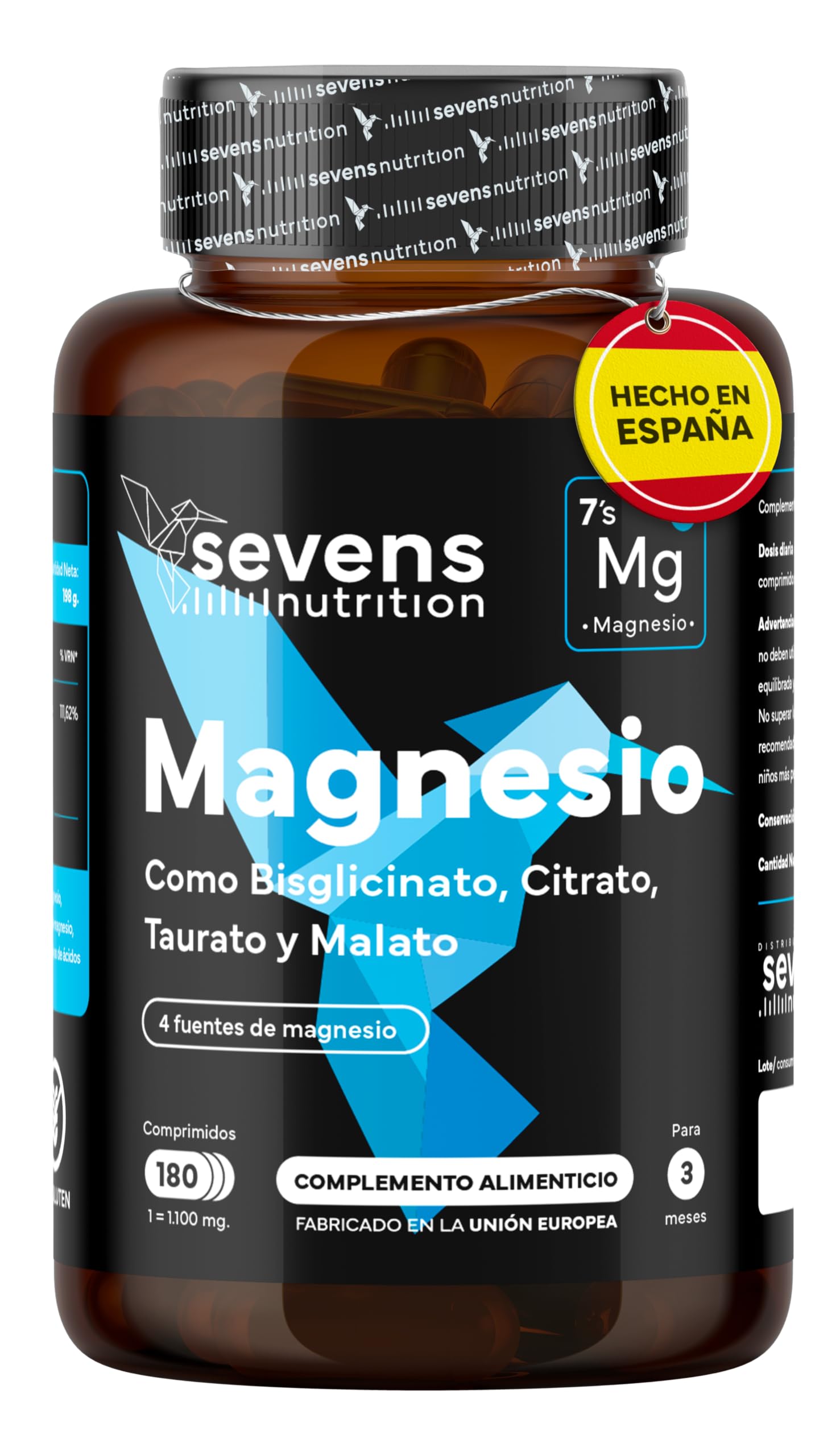 Magnesio Complex 4 en 1 - Citrato, Bisglicinato, Taurato y Malato - 4 Fuentes de Alta Biodisponibilidad - Mejora tu Energía, Rendimiento y Descanso - 180 Comprimidos - Hecho en España - Sevens
