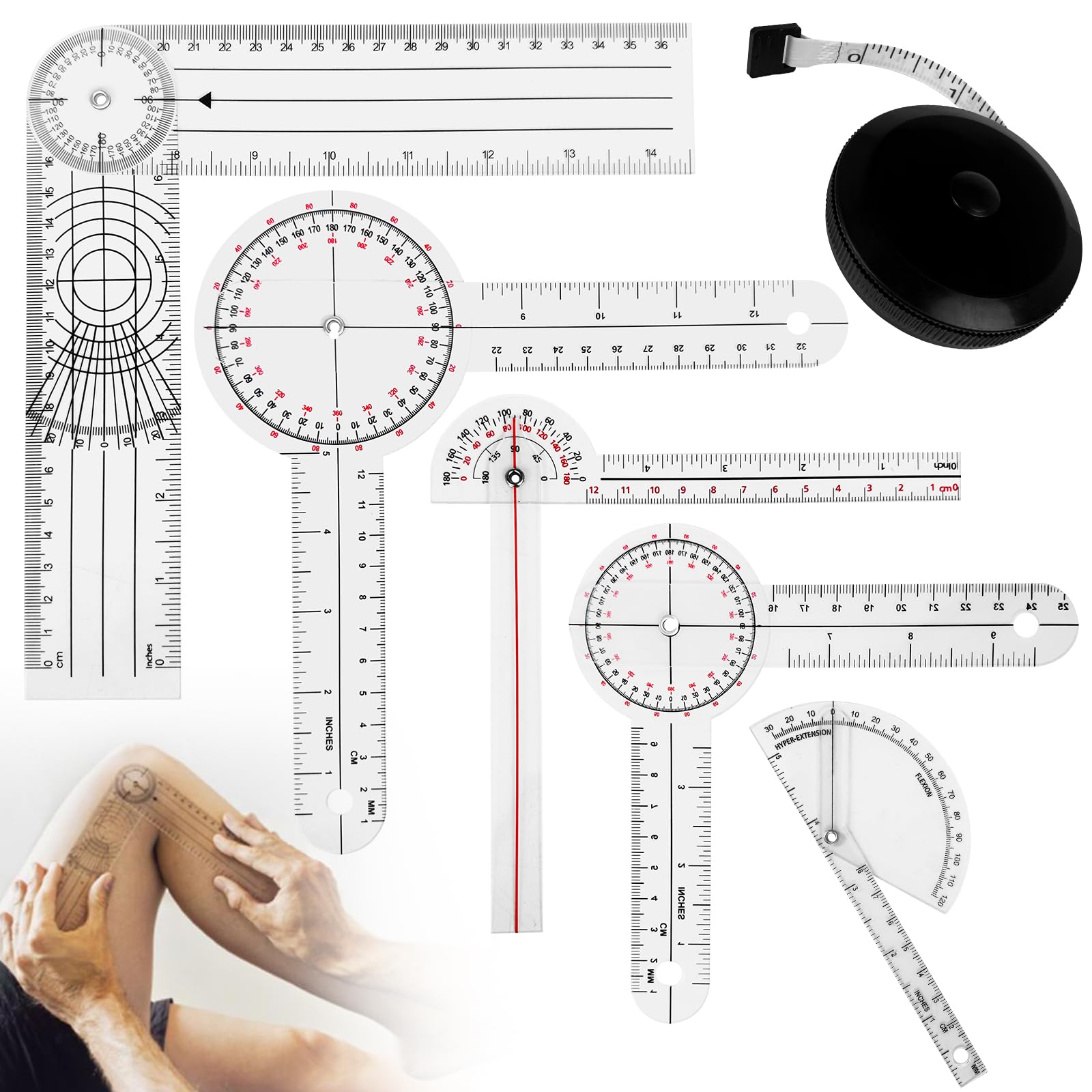 Juego de 6 transportadores goniómetros: 8 pulgadas, 6 pulgadas, 180, 360, dedo, espinal, cinta métrica, goniómetro de dedo espinal, para cinta métrica corporal, goniómetro, goniómetro, regla