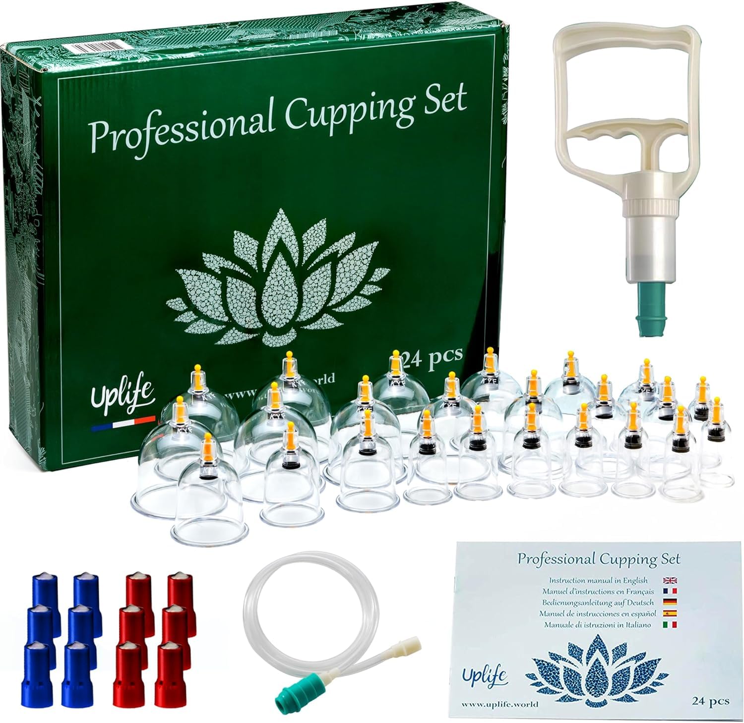 Uplife Set de 24 Ventosas Fisioterapia - Ventosaterapia con Imanes Terapéuticos - Vacumterapia Glúteos, Masaje de Espalda, Dolor de Espalda - Masajeador para Celulitis y Masaje Anticelulítico Reductor