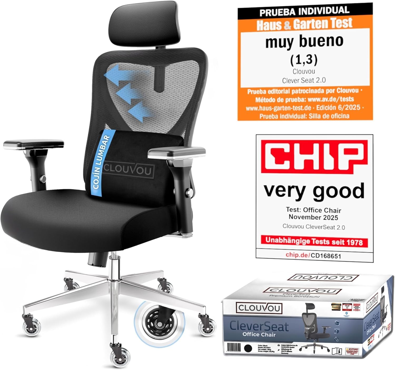 CLOUVOU Silla de Oficina Ergonomica con Ruedas [GANADORA DE PUREBAS] Negro