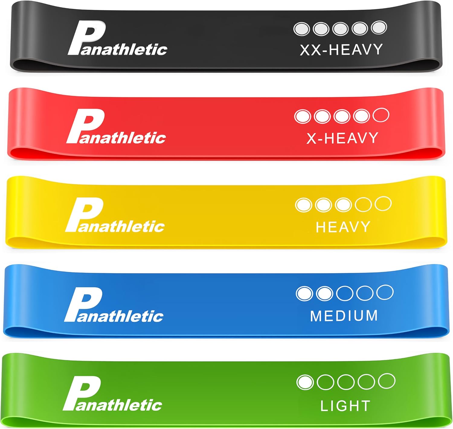 Panathletic Bandas Elasticas Fitness, Set de 5 Gomas – 5 Niveles de Resistencia, Guía de Ejercicios, eBook en Español y Bolsa – 5X Banda musculacion, Cintas para gluteos, Goma Elastica