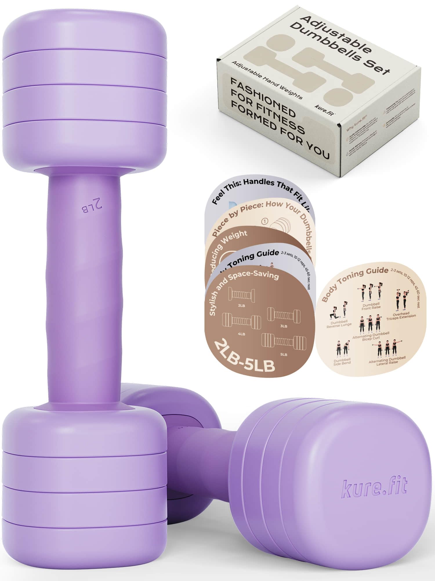 kure.fit Juego de mancuernas ajustables, pesas ligeras de 2 libras, 3 libras, 4 libras, 5 libras, ajuste de peso de una sola torsión, mango curvado antideslizante, pesas libres para gimnasio en casa,