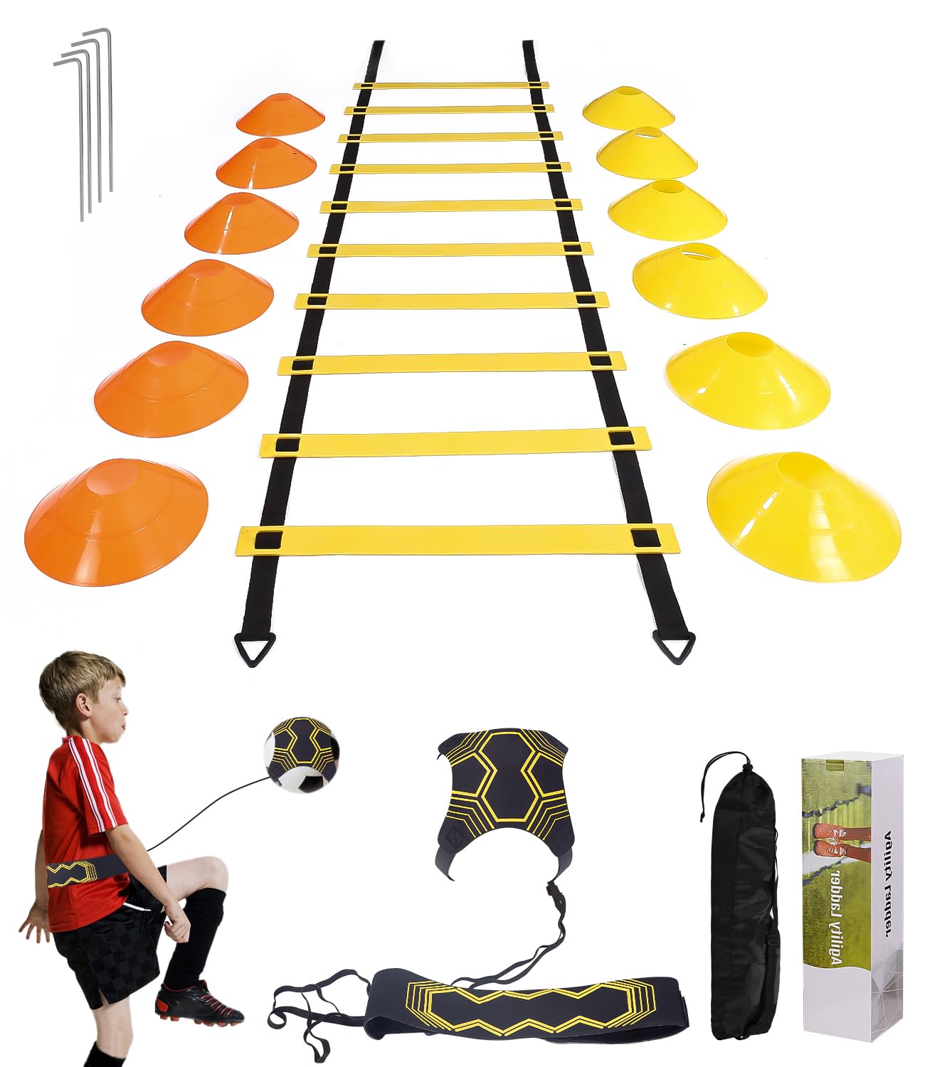 Speed ​​Agility Training Kit para Agilidad,Escalera de Agilidad 6M,12 Conos Deportivos y Entrenador de Patadas de fútbol,Equipo de Entrenamiento de fútbol para niños y Adultos