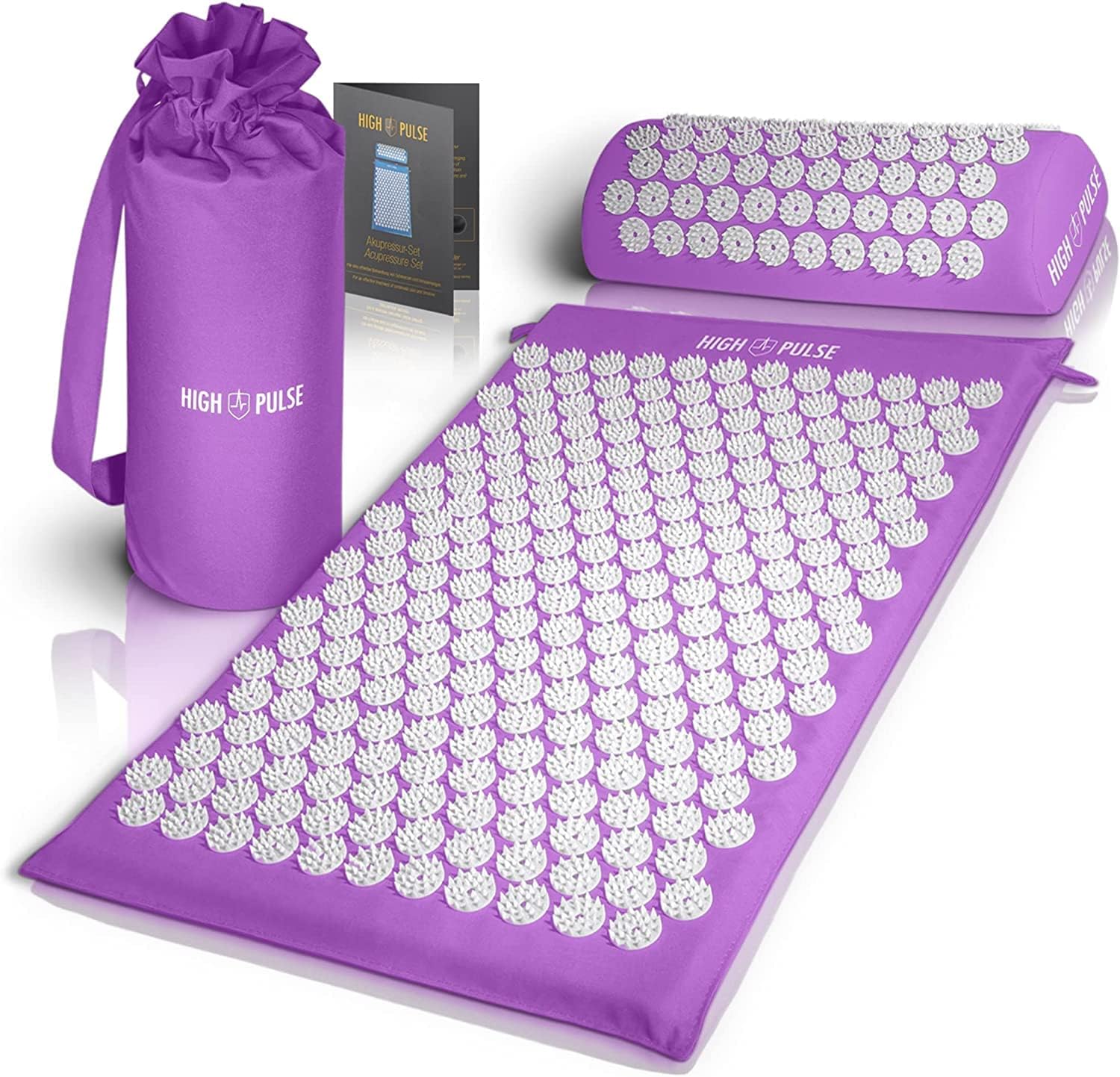 High Pulse Esterilla Acupresion + 5 Anillos + Póster - La esterilla fitness y el cojín de acupresión estimulan la circulación sanguínea y liberan la tensión (Violeta)