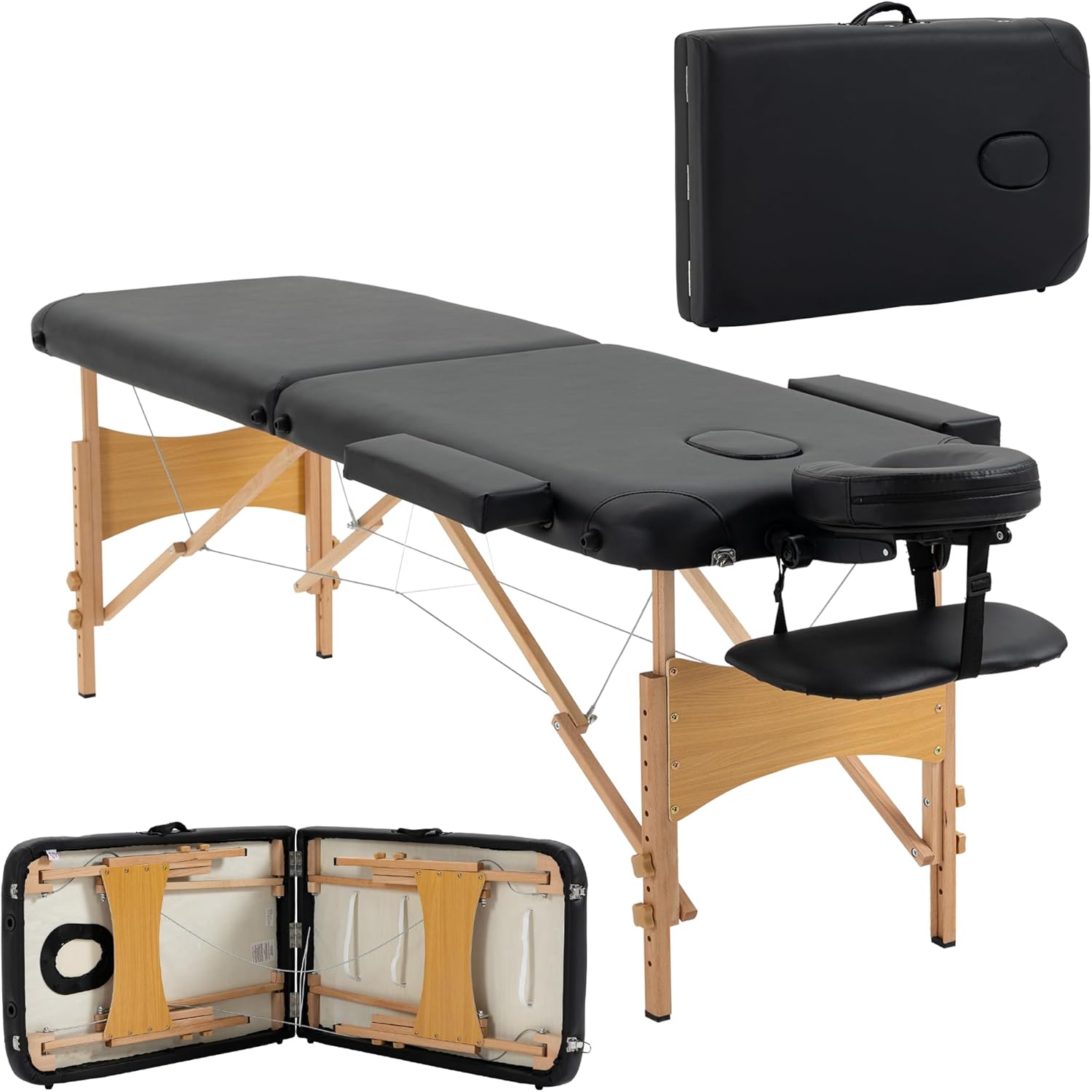 HOMCOM Camilla de Masaje Plegable 210x81 cm Camilla Estética Profesional con Reposacabezas Extraíble 2 Zonas Asa y Marco de Madera con Altura Regulable y Bolsa de Transporte Negro