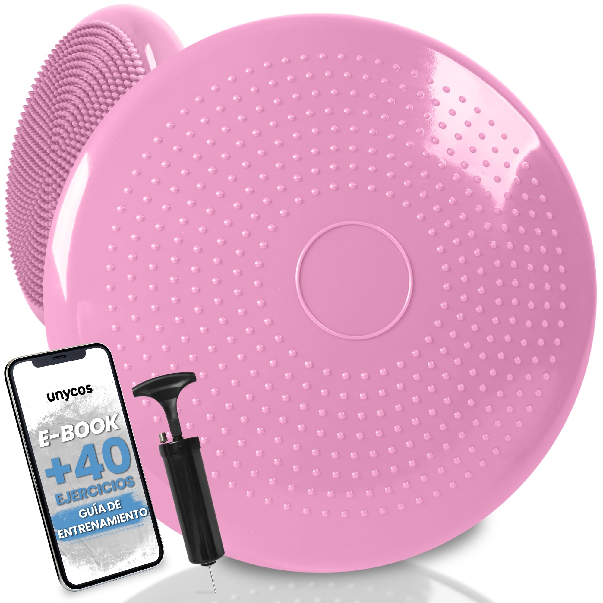 unycos - Cojín de Equilibrio【34 cm】con Bombín, Disco Propioceptivo, Antideslizante y Terapéutico que Resiste 150 kg, Soporte Lumbar para Yoga, Pilates, Fitness y Rehabilitación (Basic)