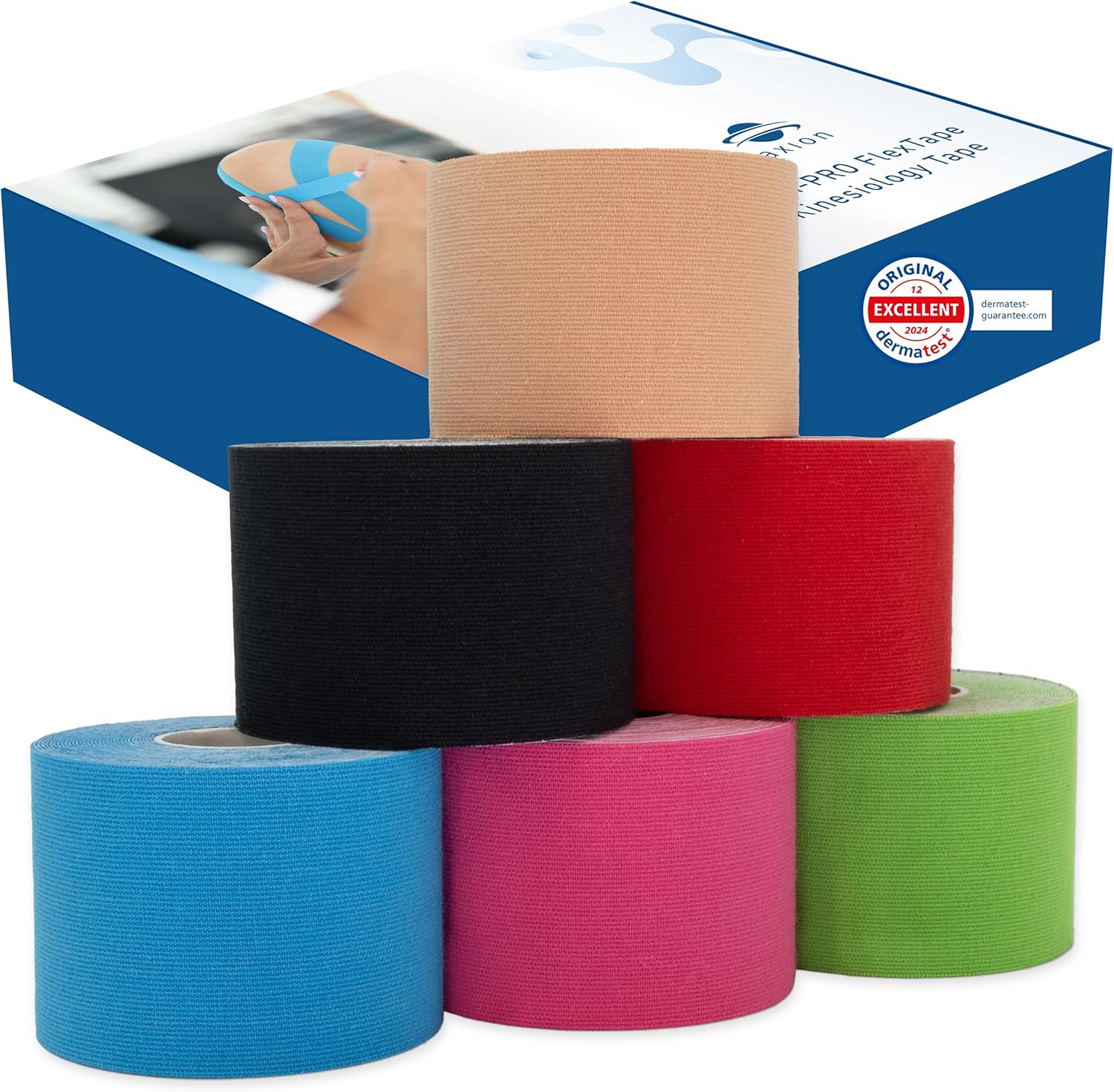 6 Kinesiotape axion® | Cintas kinesiológicas elásticas | Tiras adhesiva deportiva | Rollos para vendaje neuromuscular y fisioterapia | Soporte articular y muscular