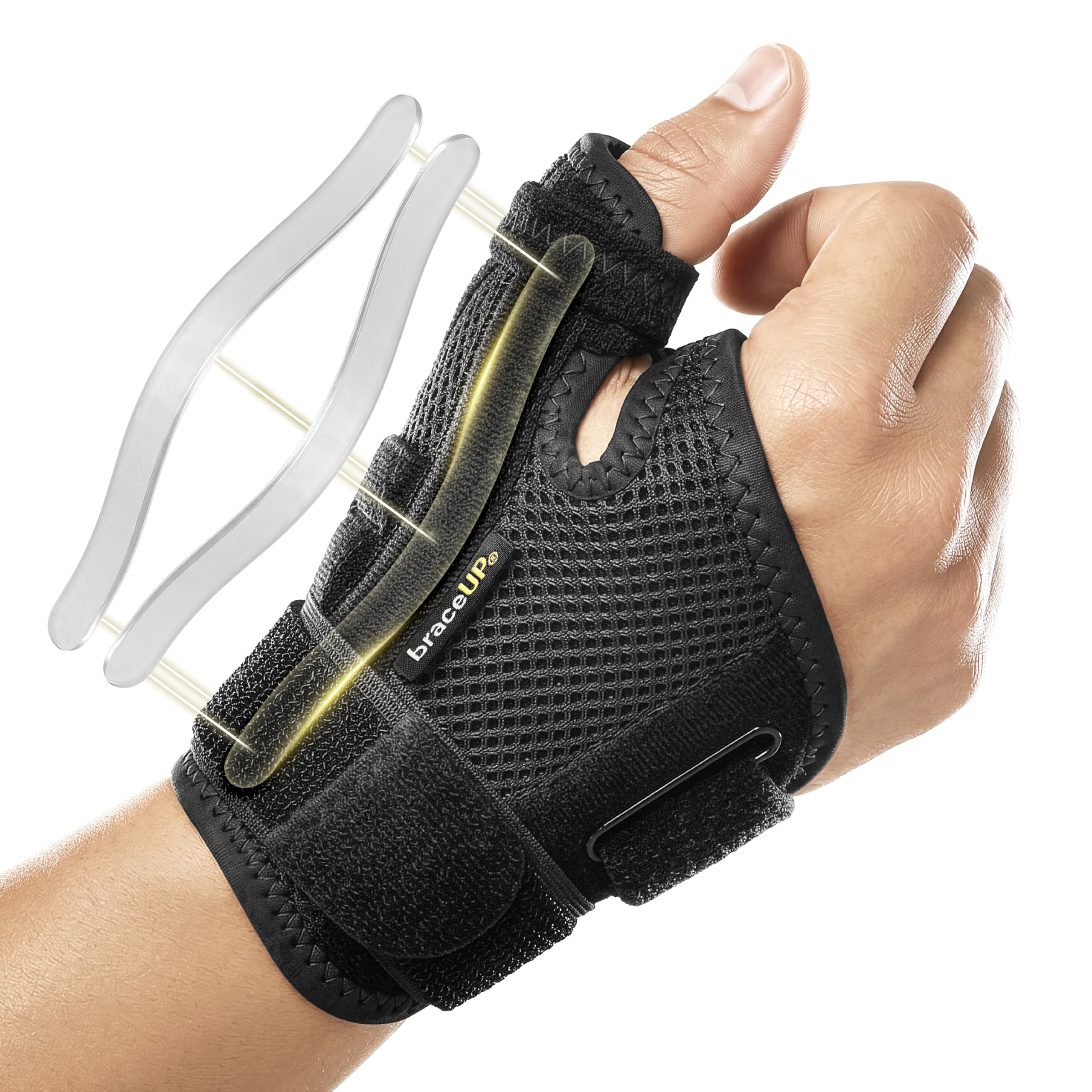 BraceUP Muñequera Pulgar, Ferula Pulgar, Mano Derecha e Izquierda - Férula Dedo Pulgar para Artritis, Tendinitis, Alivio del Dolor del Túnel Carpiano y Esguince de Pulgar (Negro)