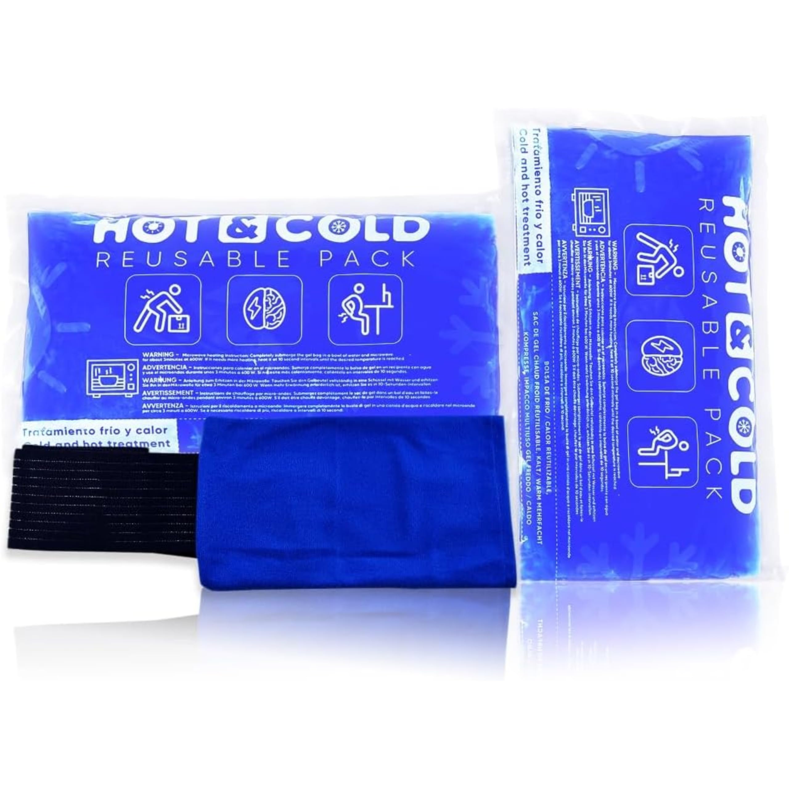 Pack de 2 Bolsas de Gel Frío o Calor Reutilizables (26 x 15 cm) - Incluye 1 Funda Multiposición de Tela con banda de compresión - Aptas para Nevera y Microondas - Ideales para Terapias