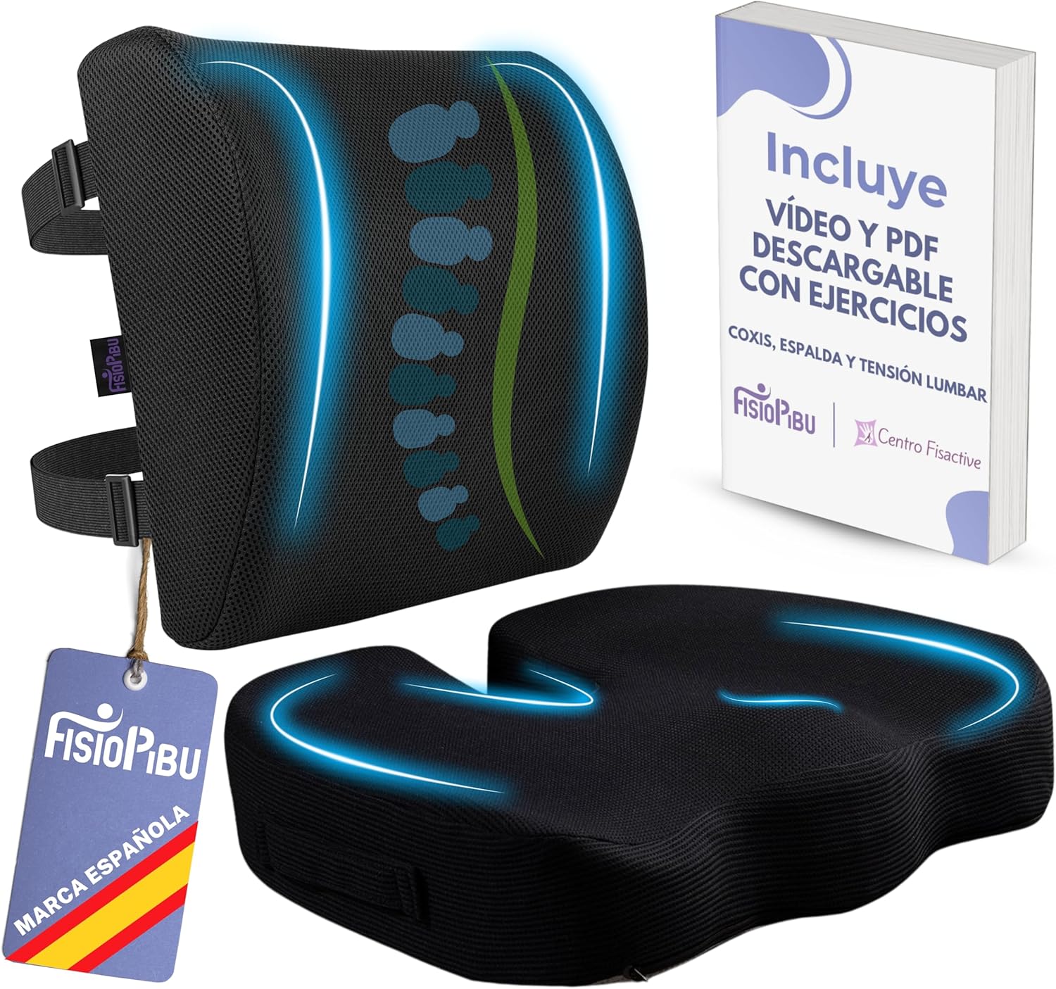 Pack Cojin Silla Oficina + Cojin Lumbar + Regalo Video y PDF de Ejercicios|Cojín Coxis|Respaldo Lumbar Silla Oficina|Cojin Antiescaras|Ortopedico|Viscoelastico|Gaming|Funda Lavable máquina