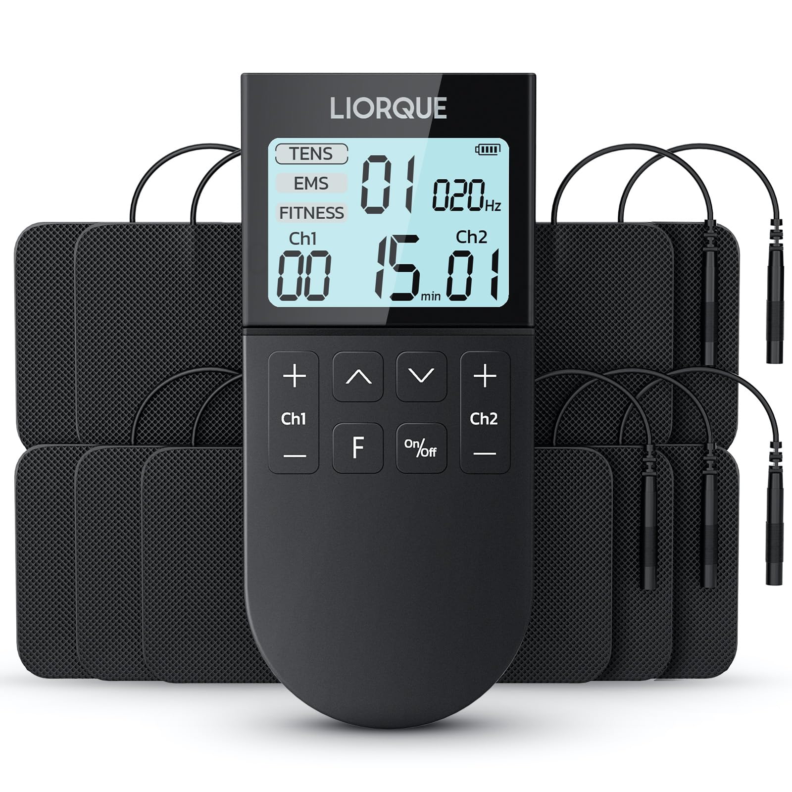 LIORQUE Electroestimulador Muscular, Electroestimulador TENS/EMS/FITNESS 3 en 1, 50 Modos, 10 Piezas de Electrodos TENS, 16 Niveles de Intensidad Para el Alivio del Dolor (Negro)