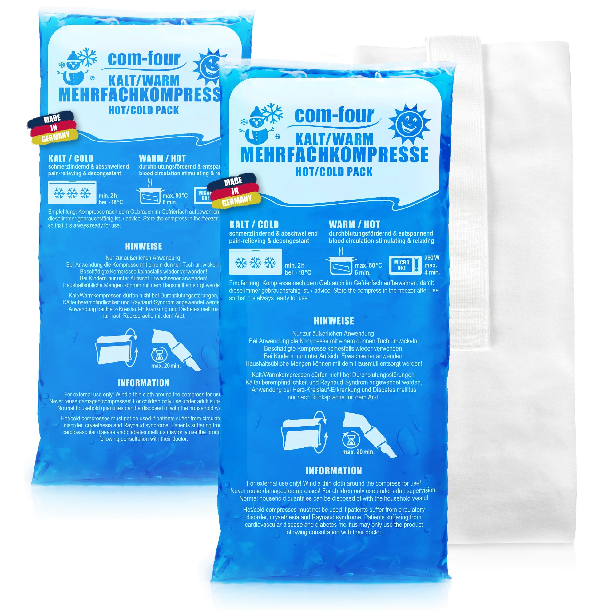 com-four® 2x compresas múltiples grandes con funda polar reutilizable de primera calidad, compresas frías y calientes con gel cool pack, funda protectora con banda elástica - Made in Germany