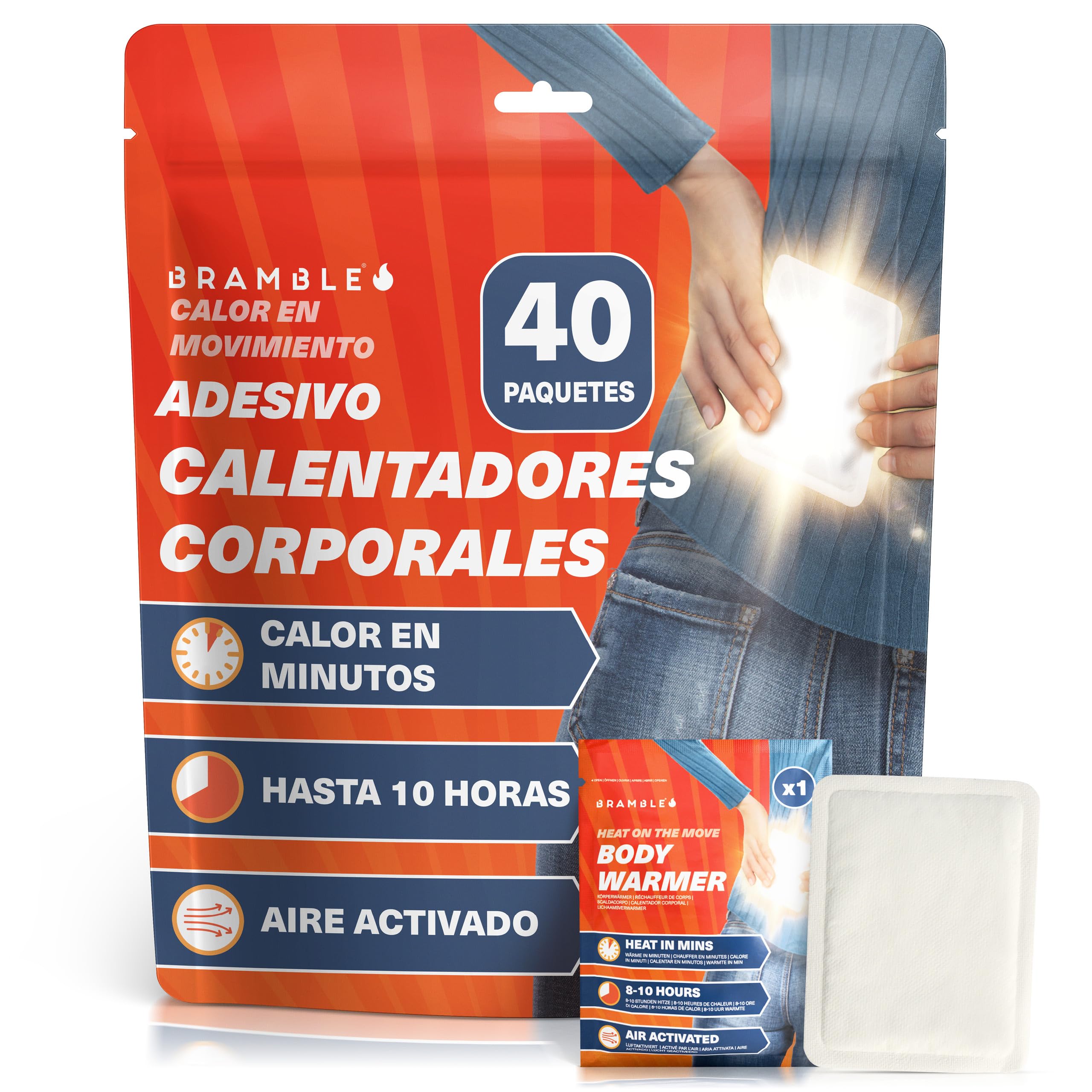 Bramble - Calentadores corporales Adhesivos (Paquete de 40) - Parches Adhesivos ultrafinos para Calor localizado - Se activan con el Aire y no Dejan Olor - hasta 10 Horas de Calor