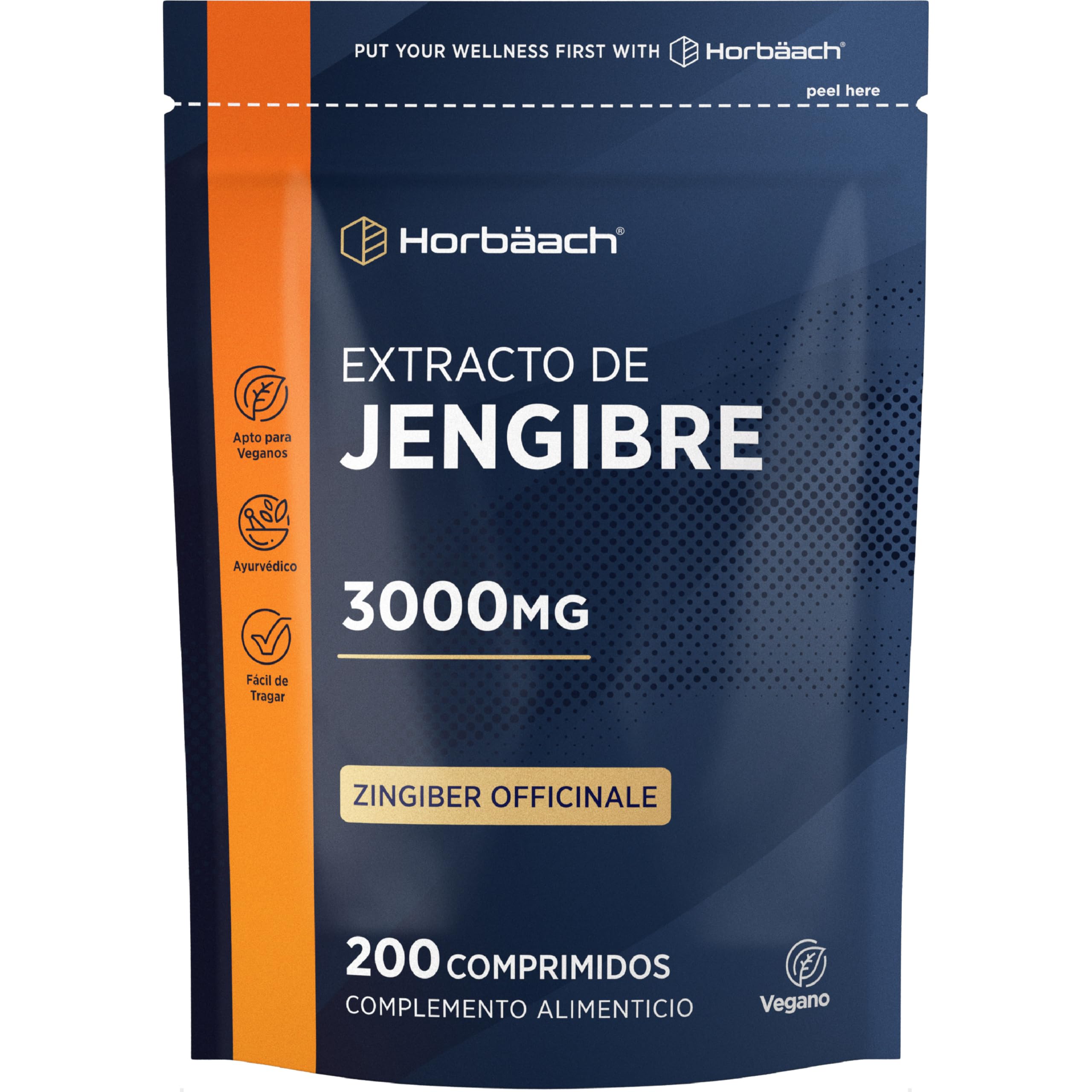 Jengibre en Cápsulas Puro 3000mg | 1000mg por comprimido | 200 Comprimidos Veganos | Extracto Natural de Jengibre | Ayurveda | Ginger Root Extract | Horbaach