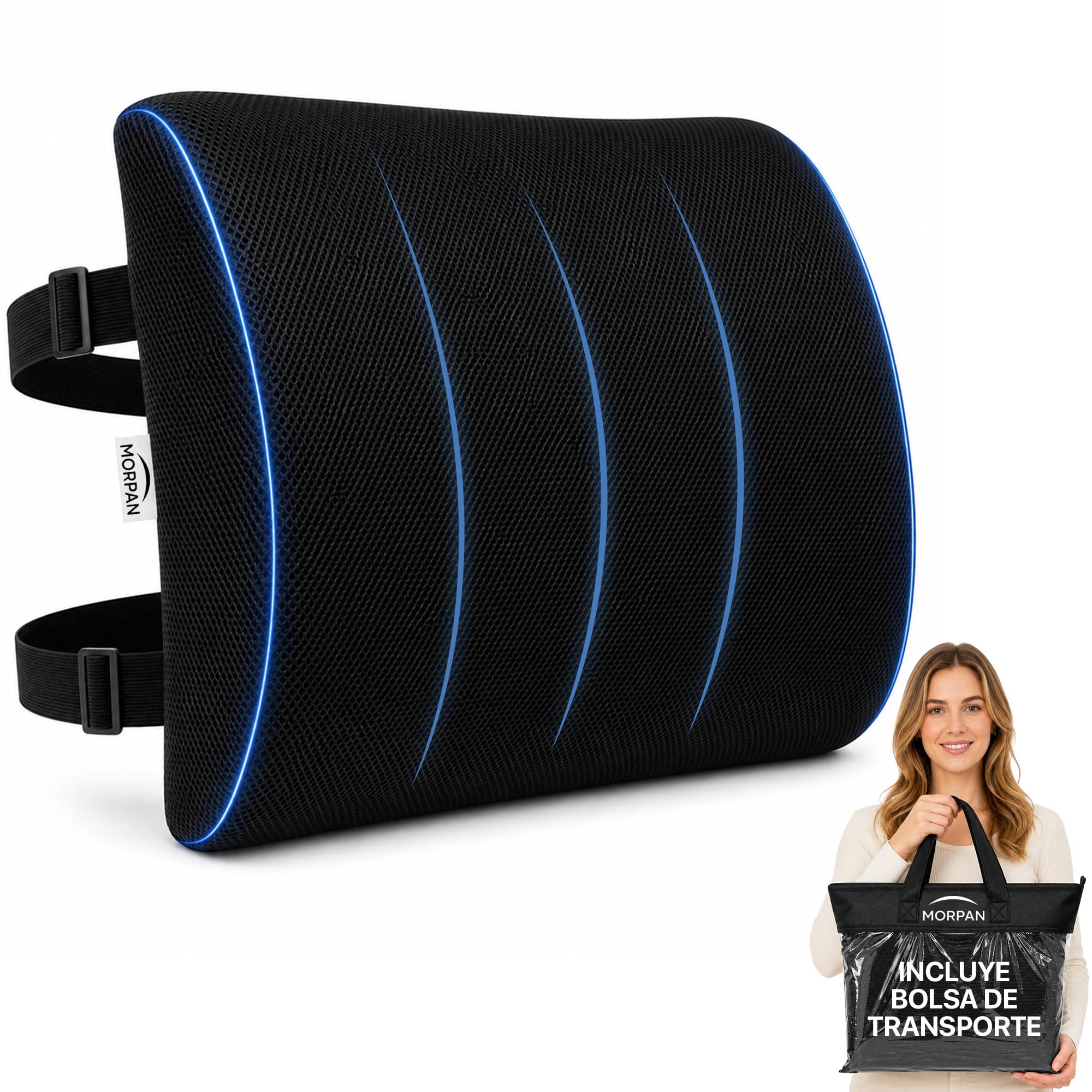 Cojín Lumbar Silla Oficina Viscoelástico para Coche y Sofá | Respaldo y almohada lumbar para gaming, teletrabajo y estudio, malla transpirable, correas, funda lavable y bolsa incluida