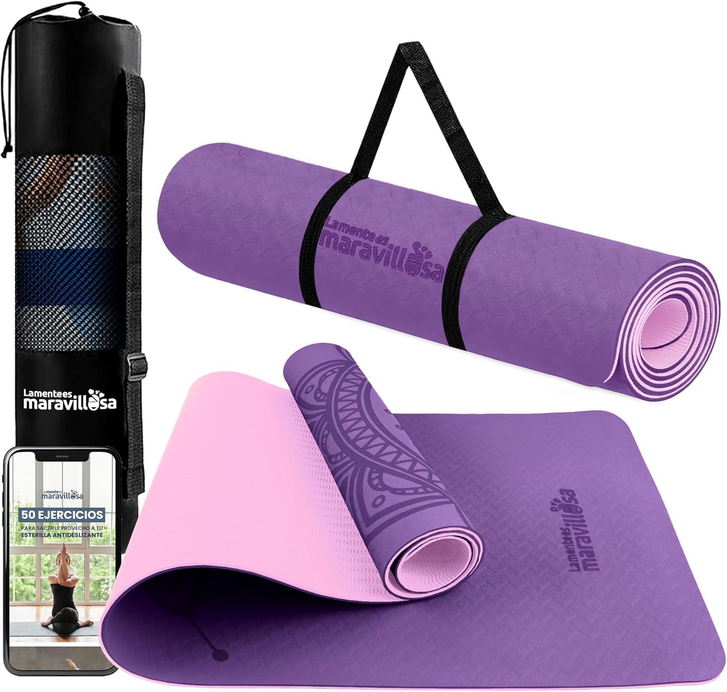 LA MENTE ES MARAVILLOSA - Esterilla de Yoga, Pilates y Fitness【E-Book, Bolsa y Correa de Hombro】Colchoneta Hipoalergénica y Antideslizante TPE para Deportes, Gimnasio en Casa | 183x61 cm