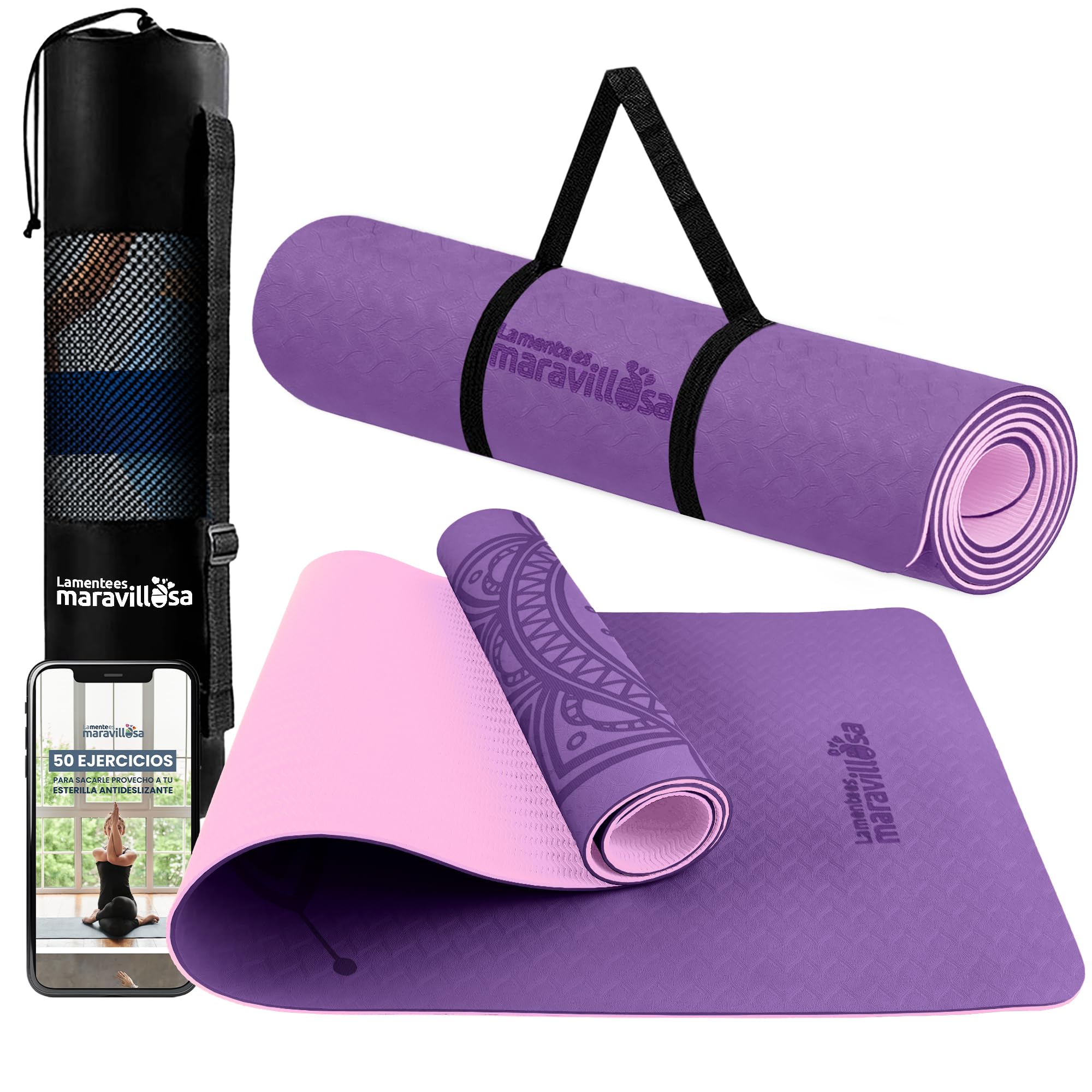 LA MENTE ES MARAVILLOSA - Esterilla de Yoga, Pilates y Fitness【E-Book, Bolsa y Correa de Hombro】Colchoneta Antideslizante TPE para Deportes, Gimnasio en Casa | 183x61 cm
