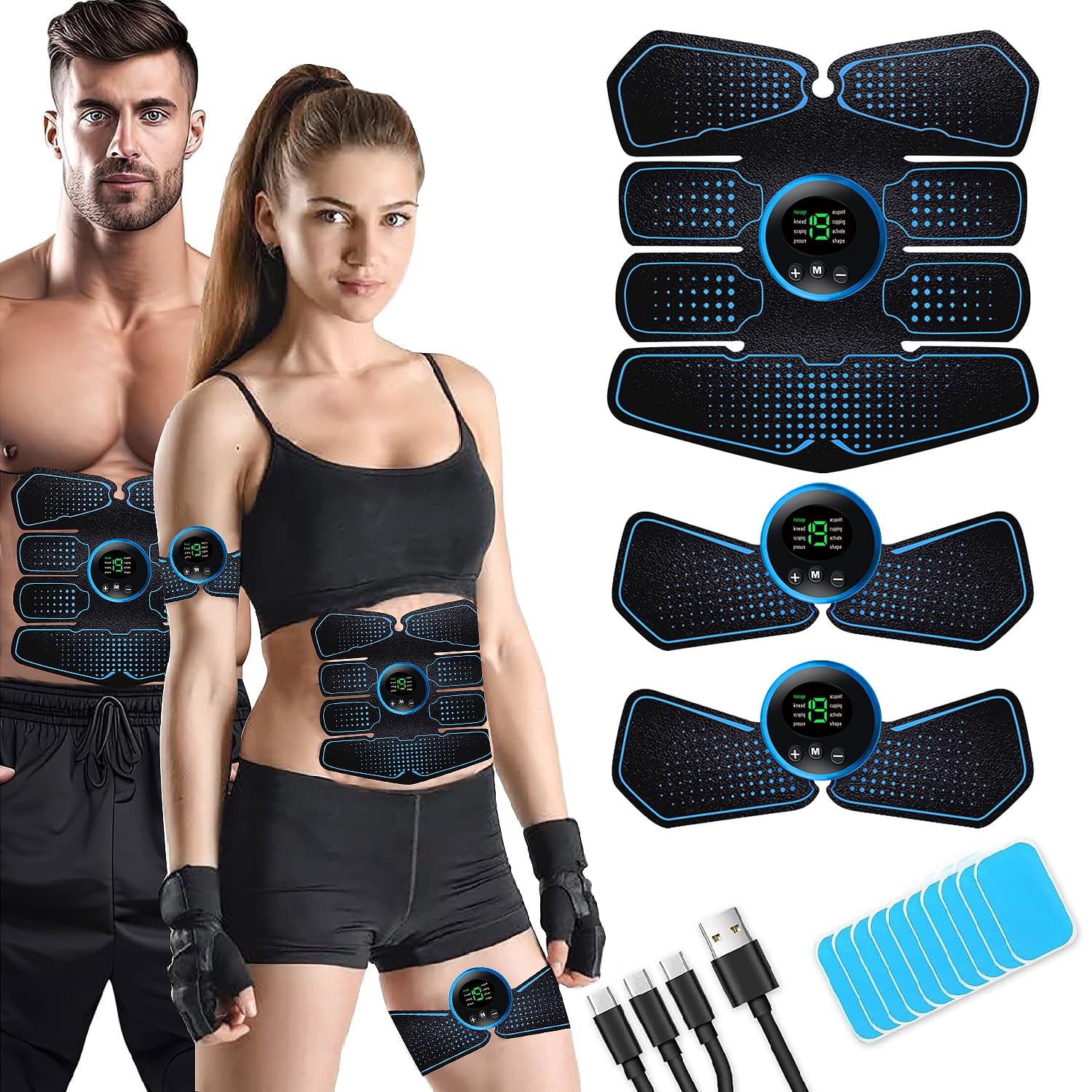 LEMENG Electroestimulador Muscular Abdominales, Abdominales Cinturón, Estimulación USB Recargable ABS Trainer para Abdomen/Brazo/Piernas/Cintura