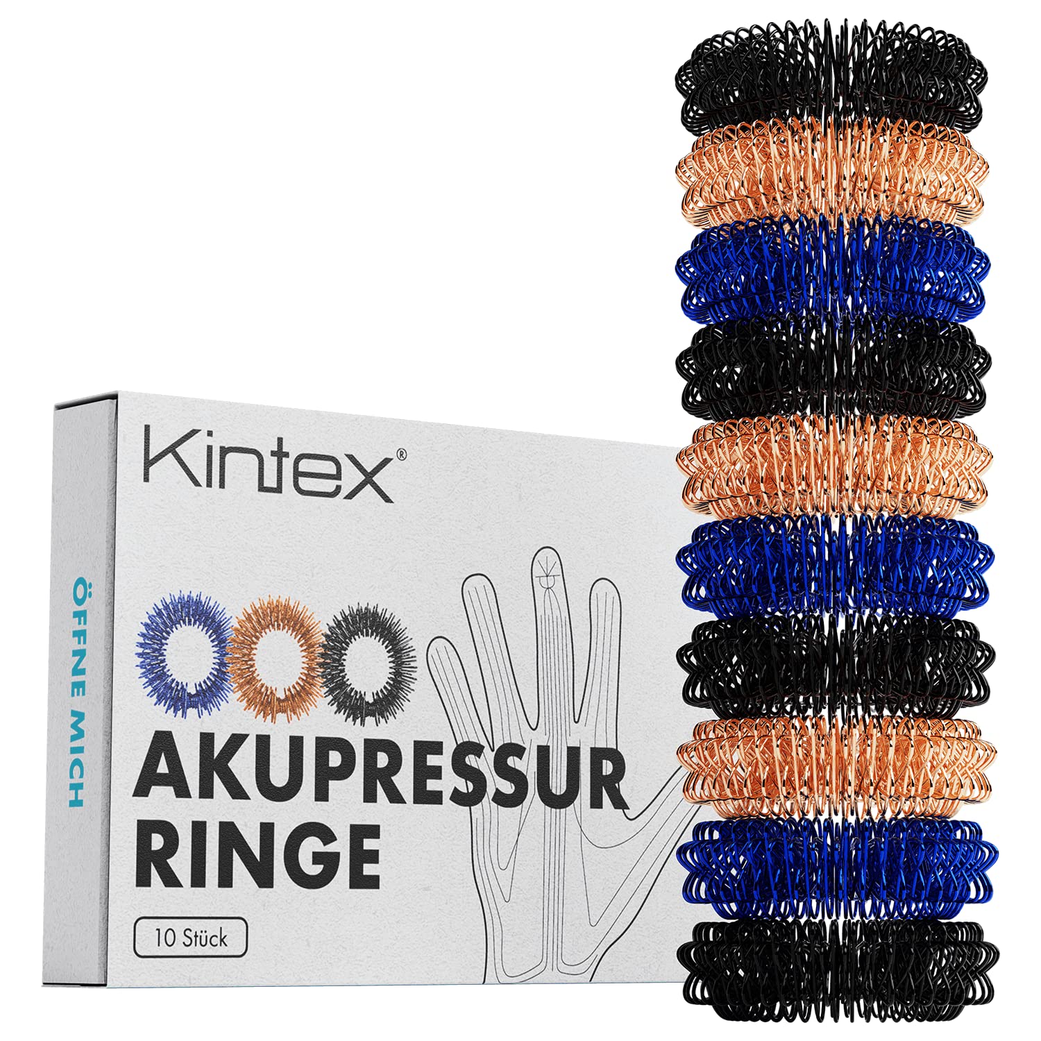 Kintex Anillos de acupresión, 10 piezas - 3 colores, masaje de dedos, anillos de masaje, acupresión, alivio del estrés, relajación