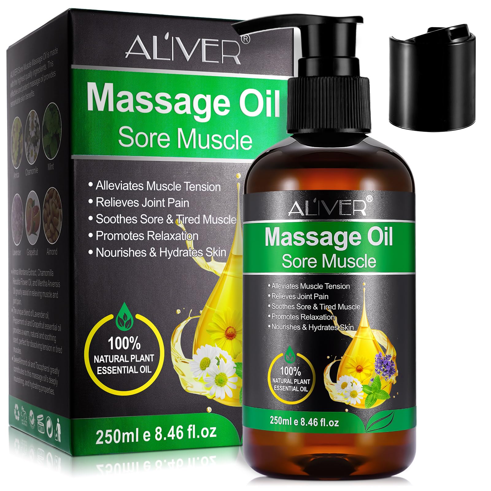 Aceite de Masaje, 250ml Massage Oil para Calmar, Calentar y Relajar, para Masajes en Musculos, Espalda, Hombro, Pies, Rodilla, Contracturas