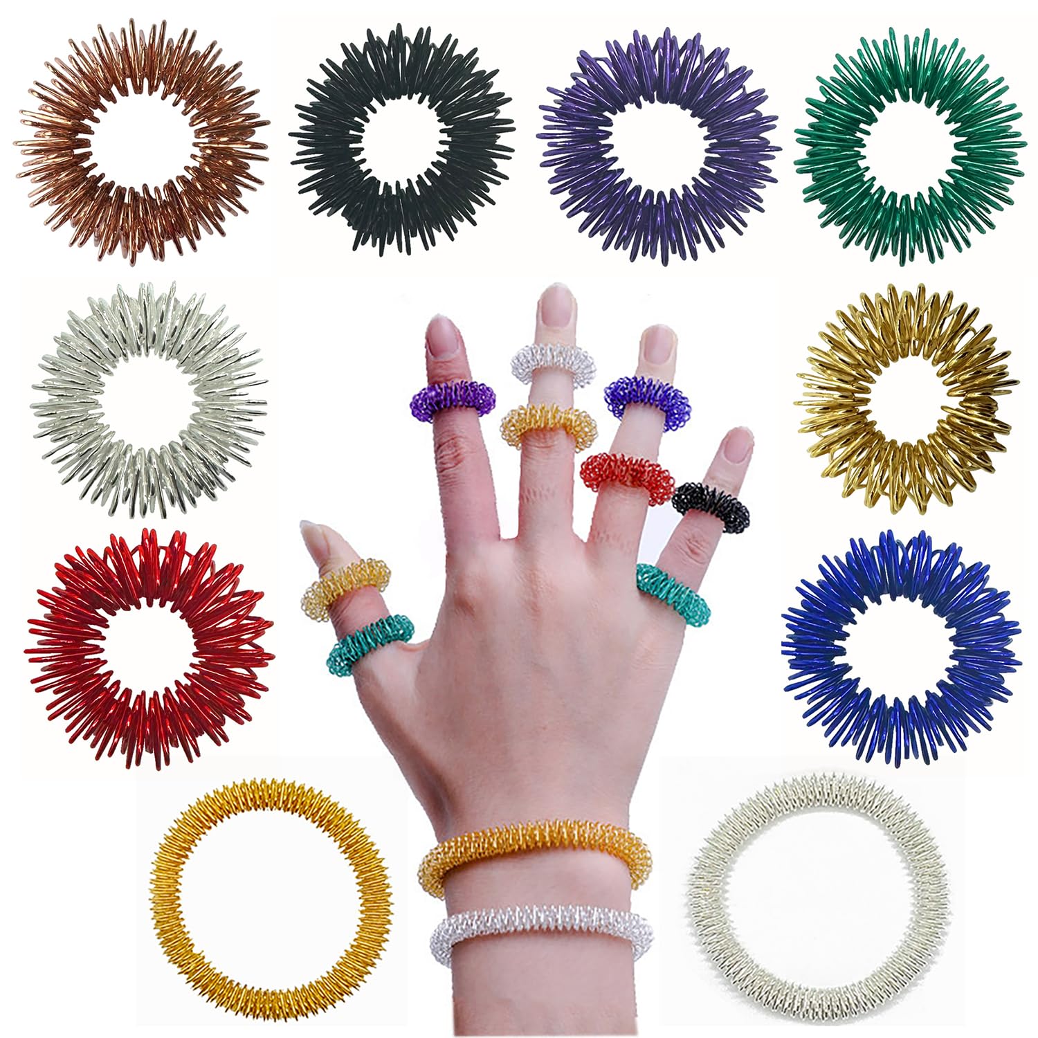 iLamvie 10 unidades de anillos de masaje, 8 anillos de acupresión para dedos y 2 anillos de masaje de muñeca, para niños y adultos, para reducir el estrés.
