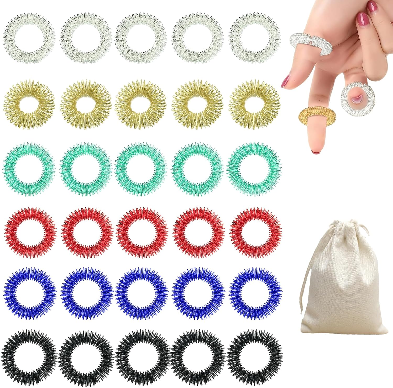 DALAETUS 31 Piezas Anillos de Masaje con Bolsa de Algodon, Anillos de Acupresión para Los Dedos, Anillos de Masaje para Aliviar el Estrés, Mejora la Circulación Sanguínea para Adolescentes, Adultos