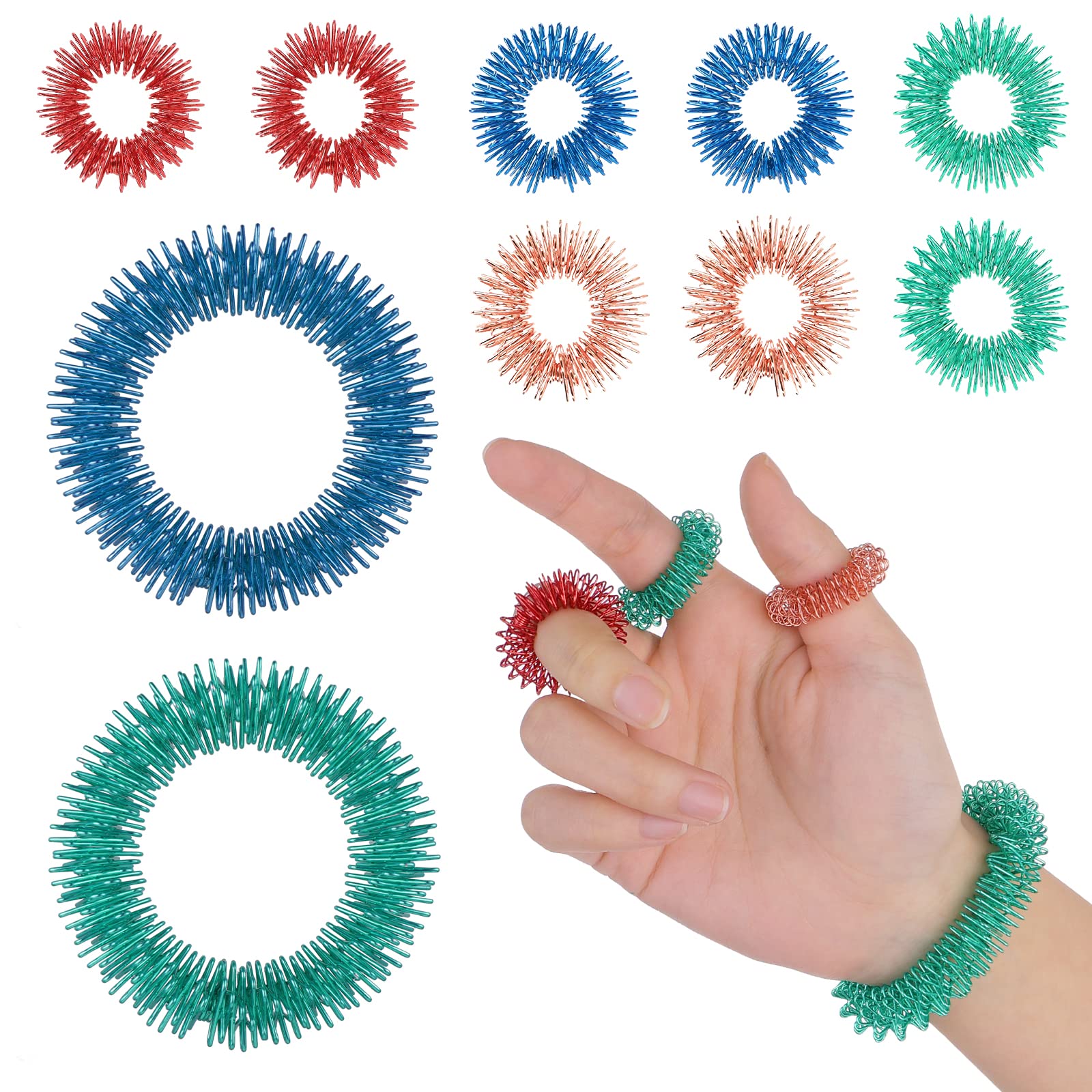 ASTER Juego de 10 anillos de acupresión, 8 anillos de dedo sensoriales, 2 pulseras de masaje de muñeca, anillos de masaje para promover la circulación sanguínea, alivio del estrés