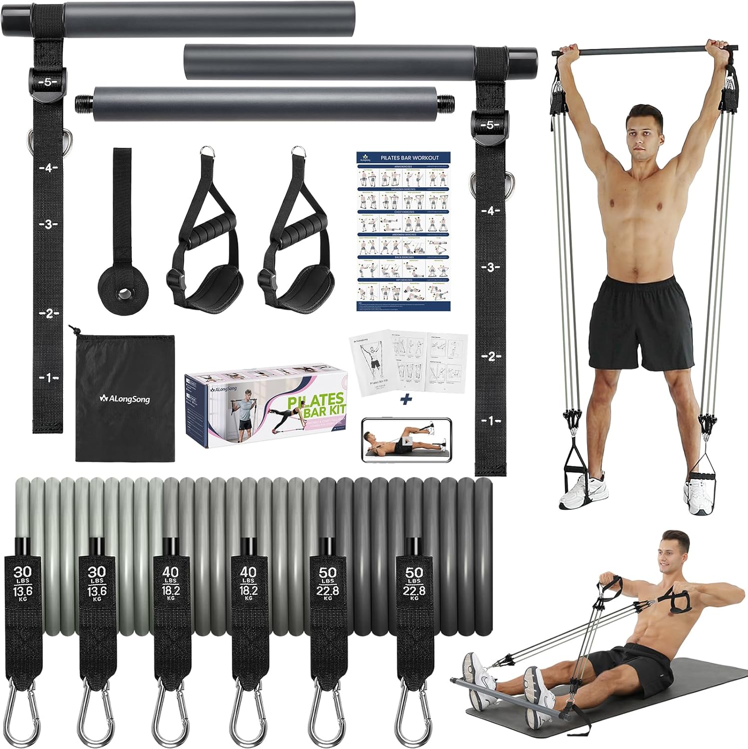 Barra de Pilates, ALongSong Barra Pilates Hecha de Hierro con 4/6 Bandas Elástica de Resistencia de 20-180LBS / 30-240LBS / 50-360LBS, Fitness en Casa para Mujer