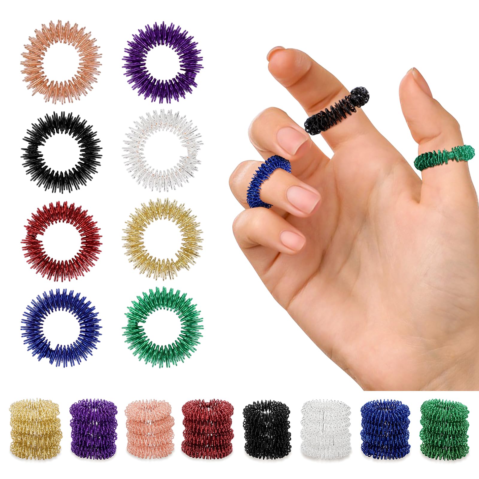 40 anillos de masaje para dedos, 8 colores, anillos sensoriales espinosos, masaje de dedos para aliviar el estrés, promover la circulación sanguínea, anillo de acupresión para jóvenes y adultos