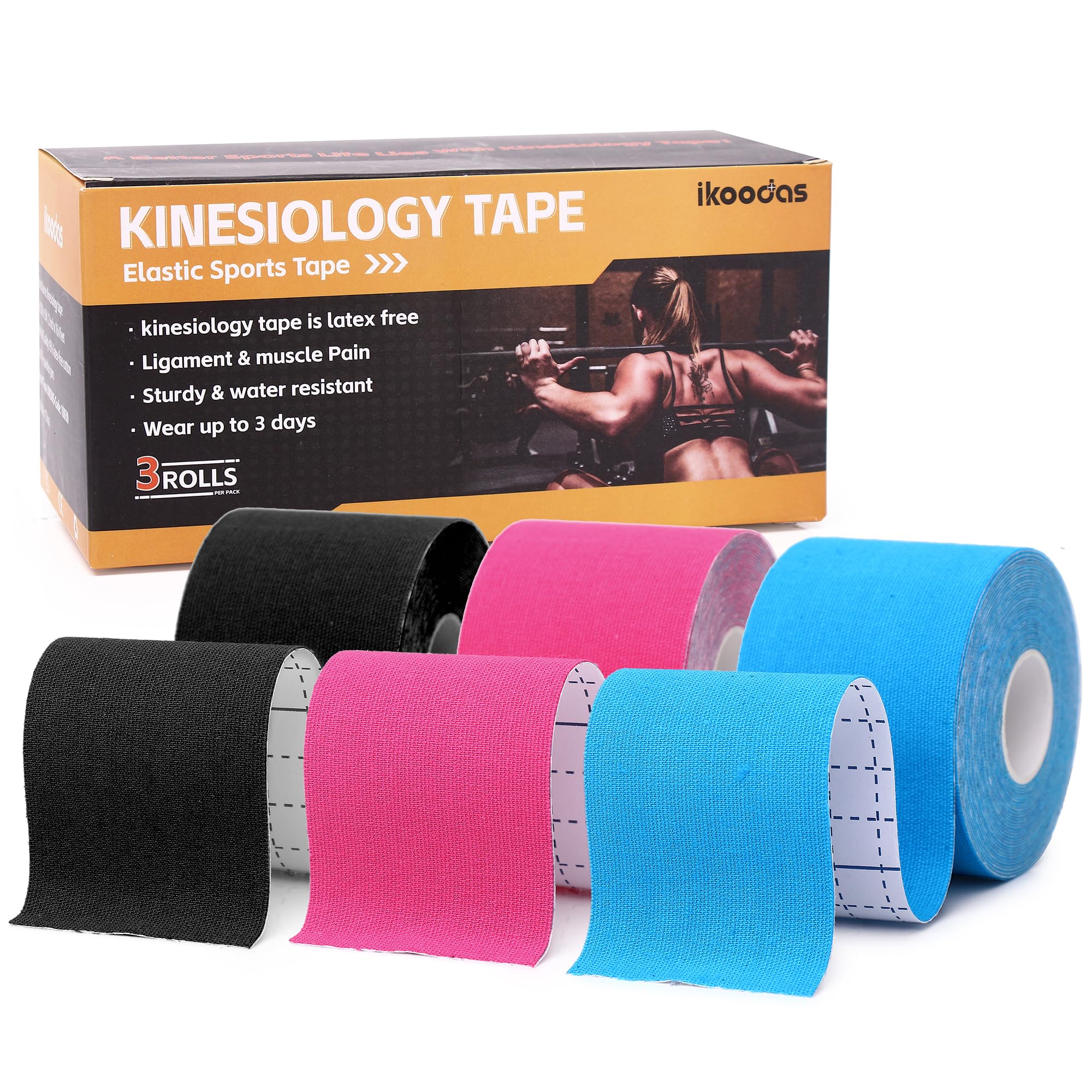 Cinta Kinesiologica Kinesiotape, Vendaje Neuromuscular de Algodón, Kinesiology Tape Elástica Para Deportes, Alivio del Dolor Muscular y Soporte Articular 5cm x 5m (Negro, Azul, Rosa)