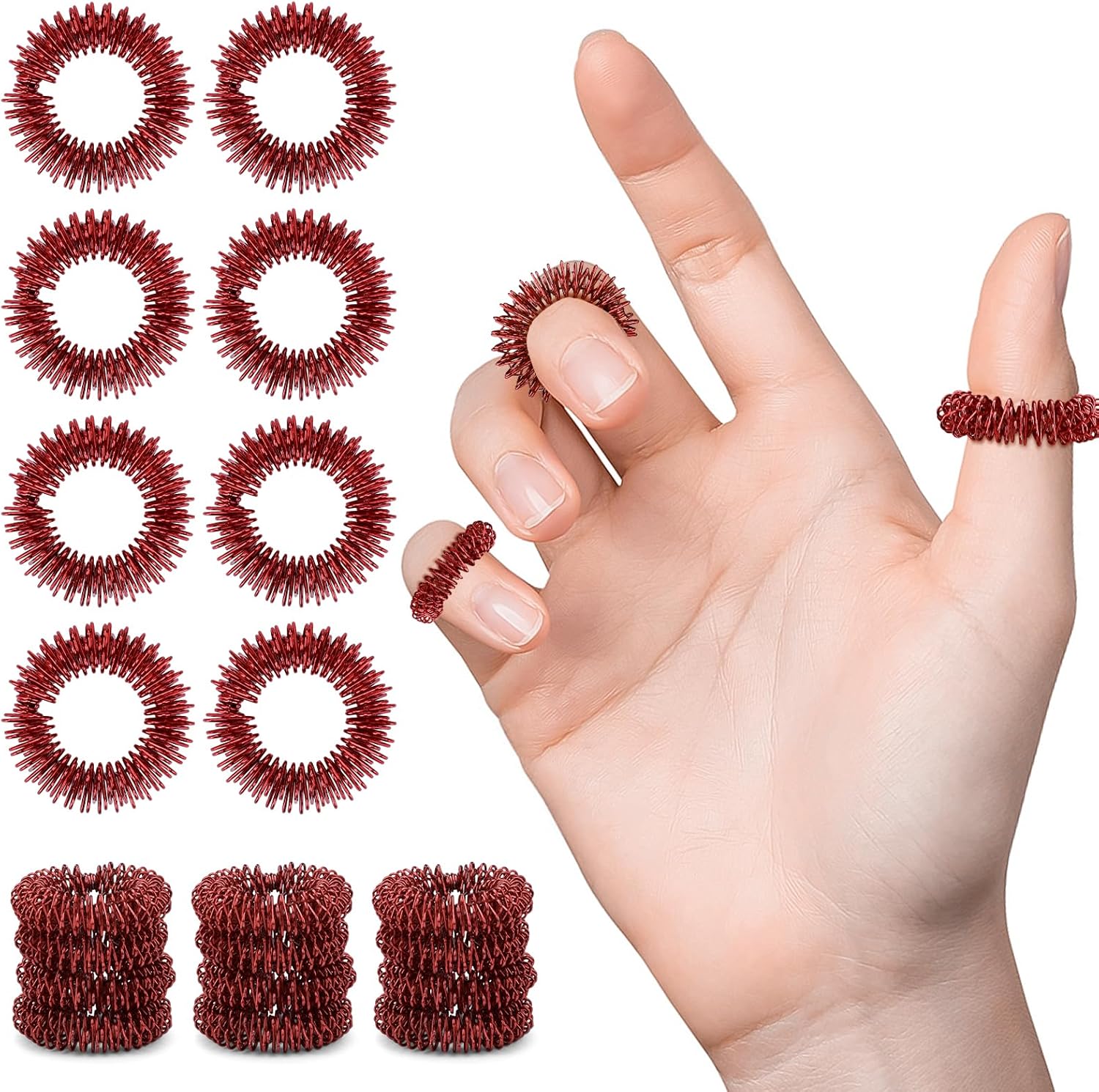 20 anillos de acupresión para masaje de dedos con espinas sensoriales, anillos de masaje silenciosos y relajantes para adultos y jóvenes (rojo)