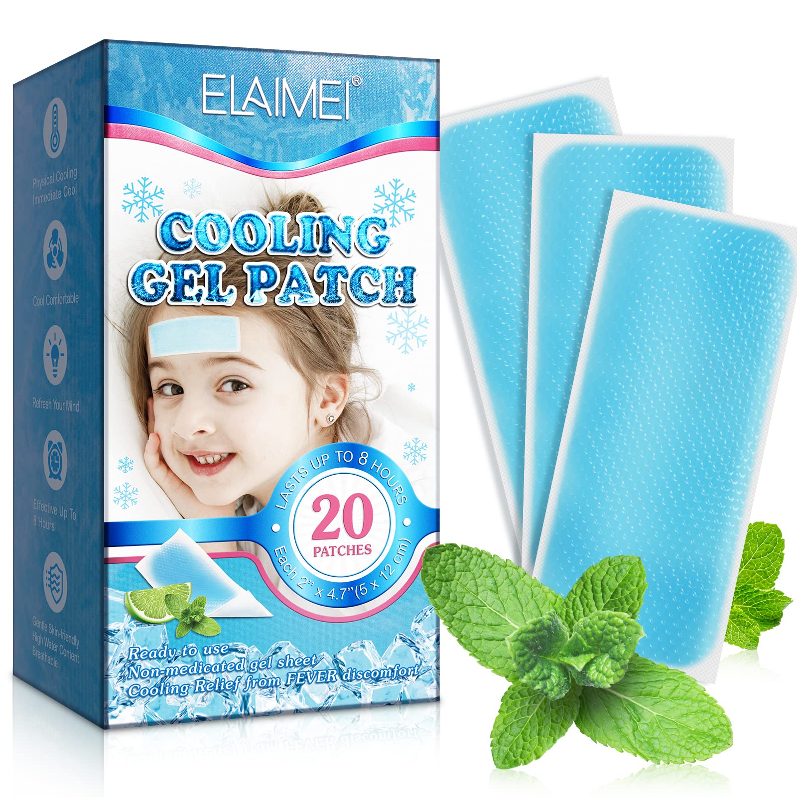 20 hojas de parches refrescantes para la fiebre para niños, tiras refrescantes para la frente, almohadillas de gel refrescante para bebés, niños y adultos, alivio de la migraña, parches para el dolor
