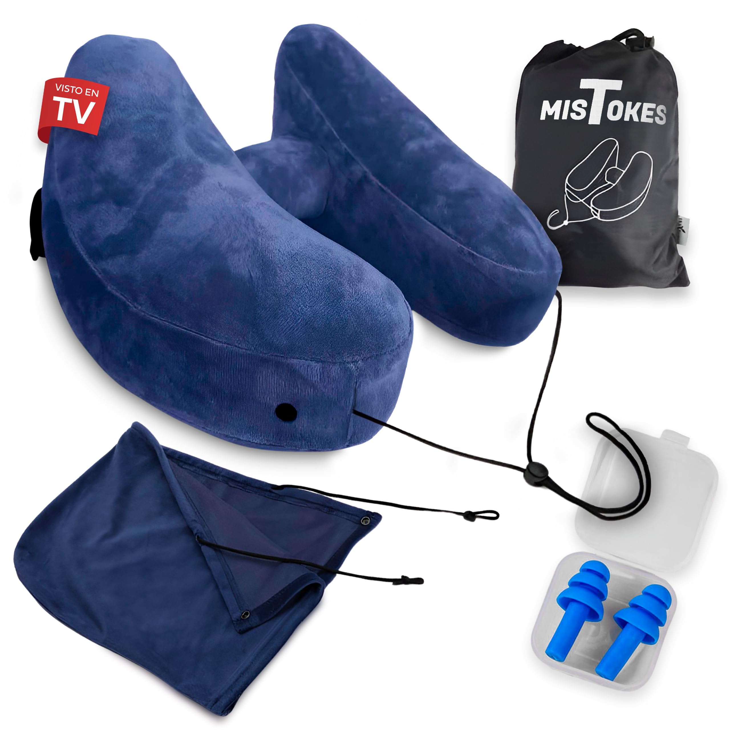 Almohada Viaje Hinchable - Almohada para Avion Ajustable - Kit Viaje Avión con Accesorios - Cojín de Viaje con Tapones y Capucha Incluidos - Accesorios Viaje Cojin Cuello Acabado Terciopelo Azul