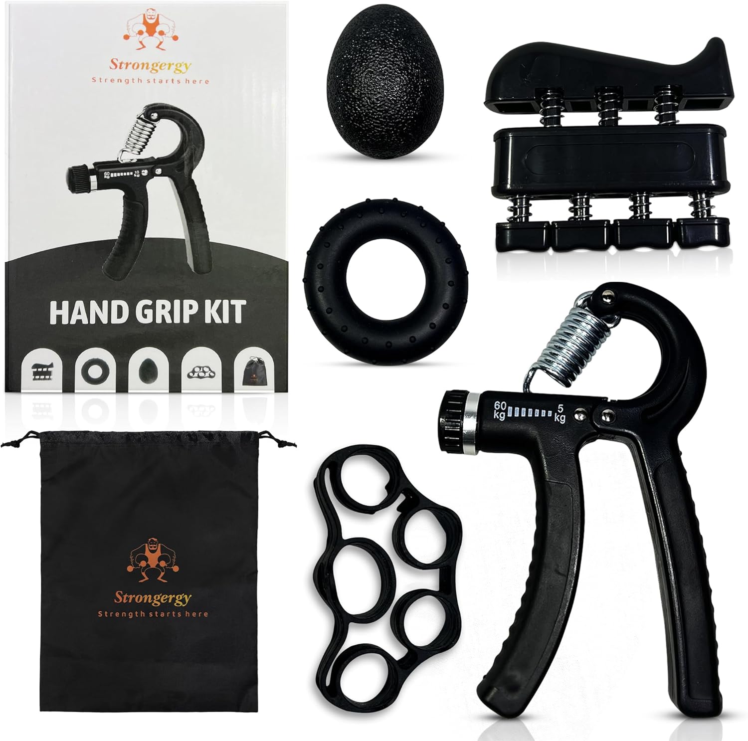 Hand Grip para Ejercitar Antebrazo - Kit de 5 piezas, Fortalecedor de Agarre Ajustable, Fortalecedor de Dedos, Goma para Estirar Dedos, Pelota Antiestrés, Anillo para Fortalecer Mano