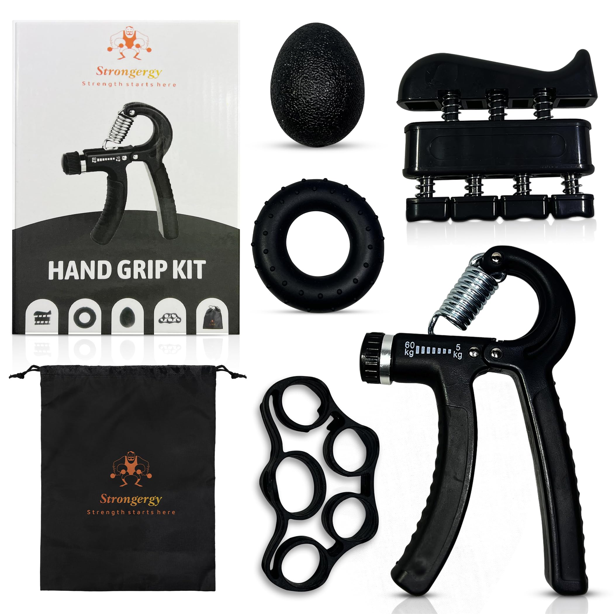 Strongergy Hand Grip para Ejercitar Antebrazo - Kit de 5 piezas, Fortalecedor de Agarre Ajustable, Fortalecedor de Dedos, Goma para Estirar Dedos, Pelota Antiestrés, Anillo para Fortalecer Mano
