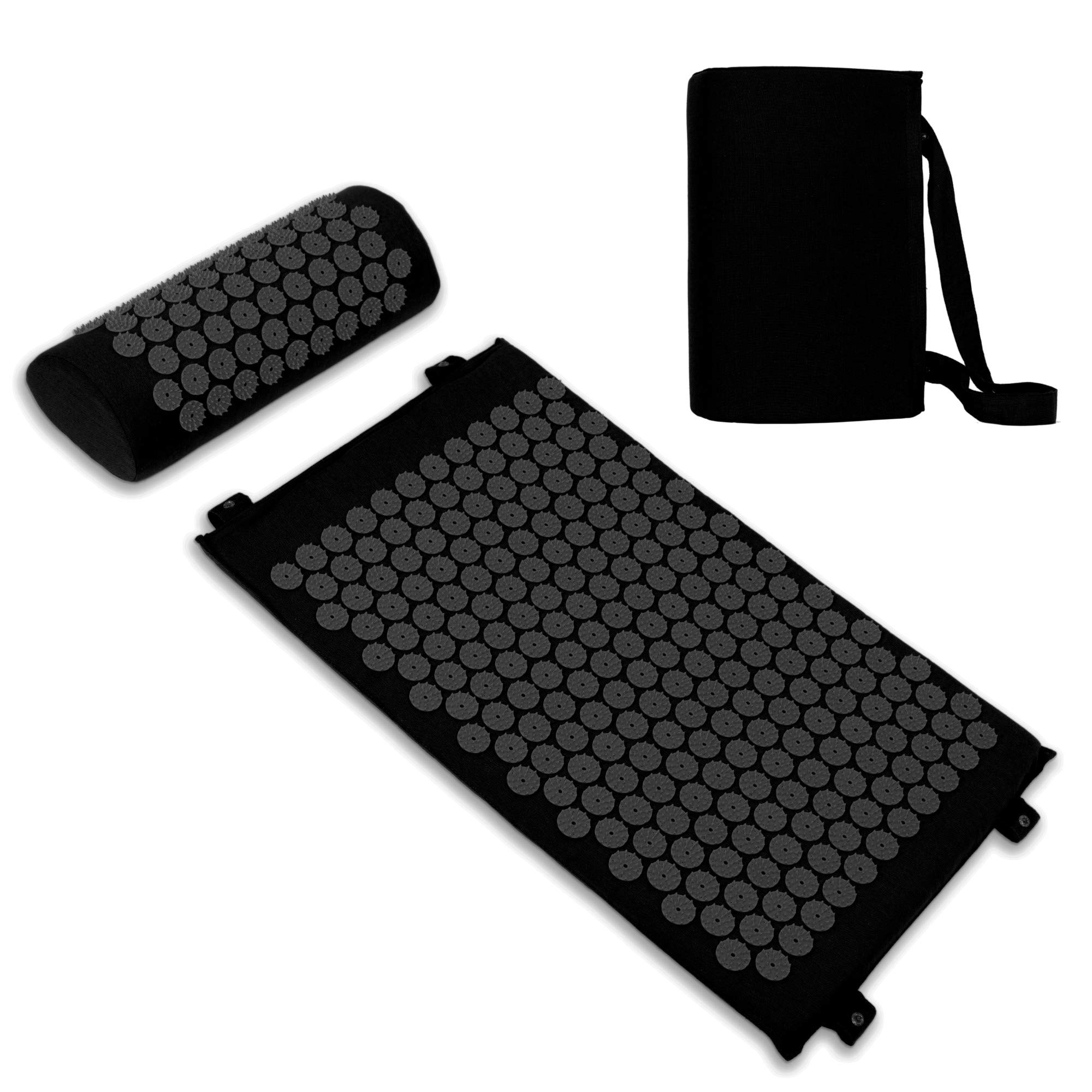 Esterilla Acupresión Kit | Esterilla de Masaje | Alfombra Acupresion con Almohada | Negro