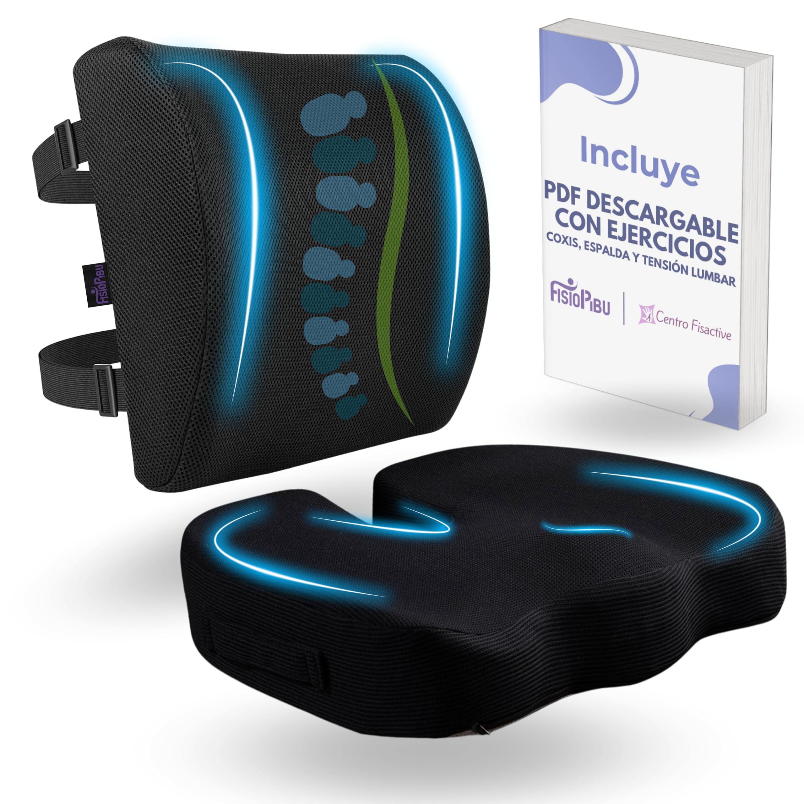 Pack Cojin Silla Oficina + Cojin Lumbar + Regalo PDF de Ejercicios|Cojín para Coxis|Respaldo Lumbar Silla Oficina|Cojin Antiescaras|Ortopedico|Viscoelastico|Gaming|Funda Lavable a máquina