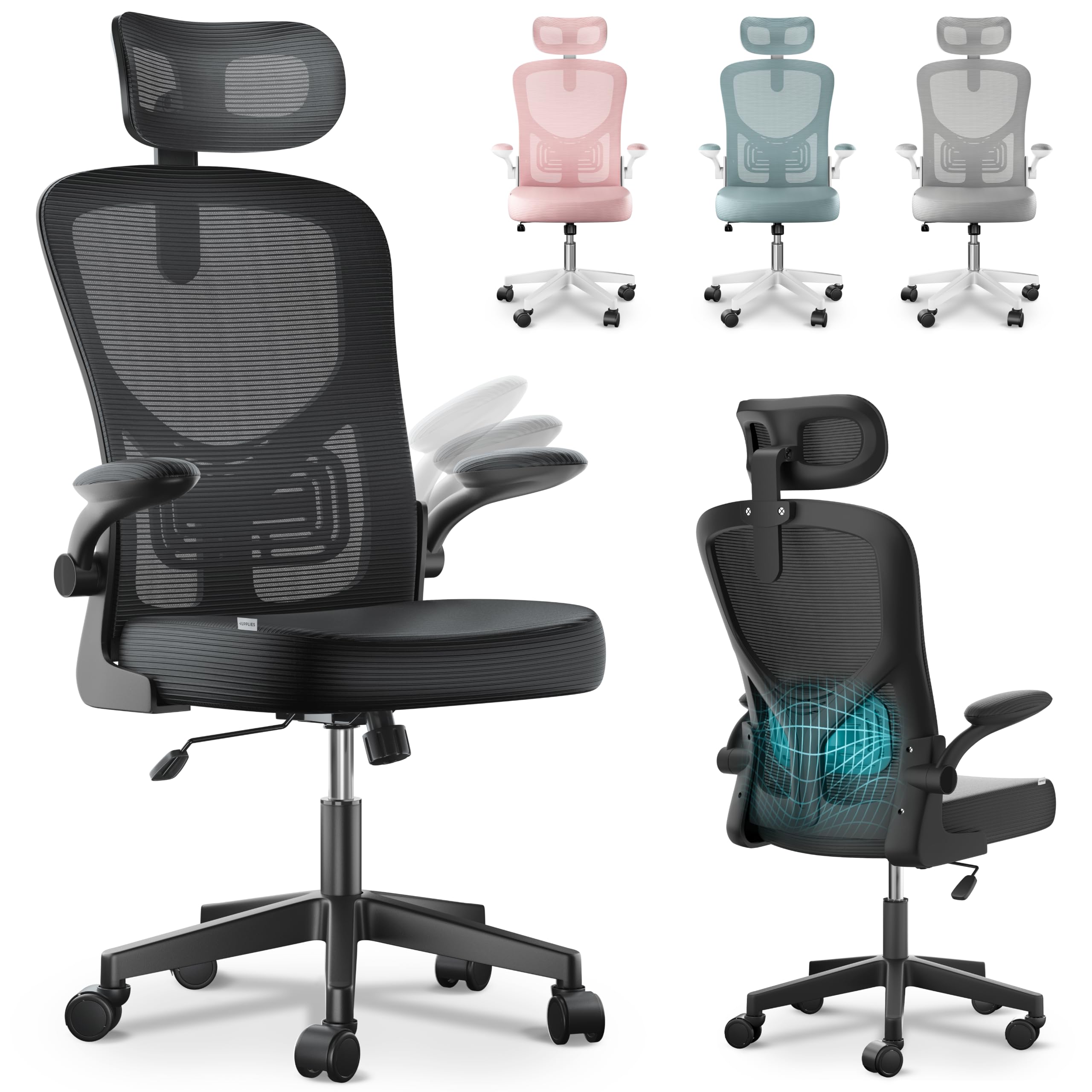 JUPPLIES Silla Escritorio Ergonómica - Silla Oficina Ajustable y Reclinable con Soporte Lumbar, Reposacabezas Ajustable, Reposabrazos Plegables, Malla Transpirable, Ruedas 360°, Soporta 120 kg