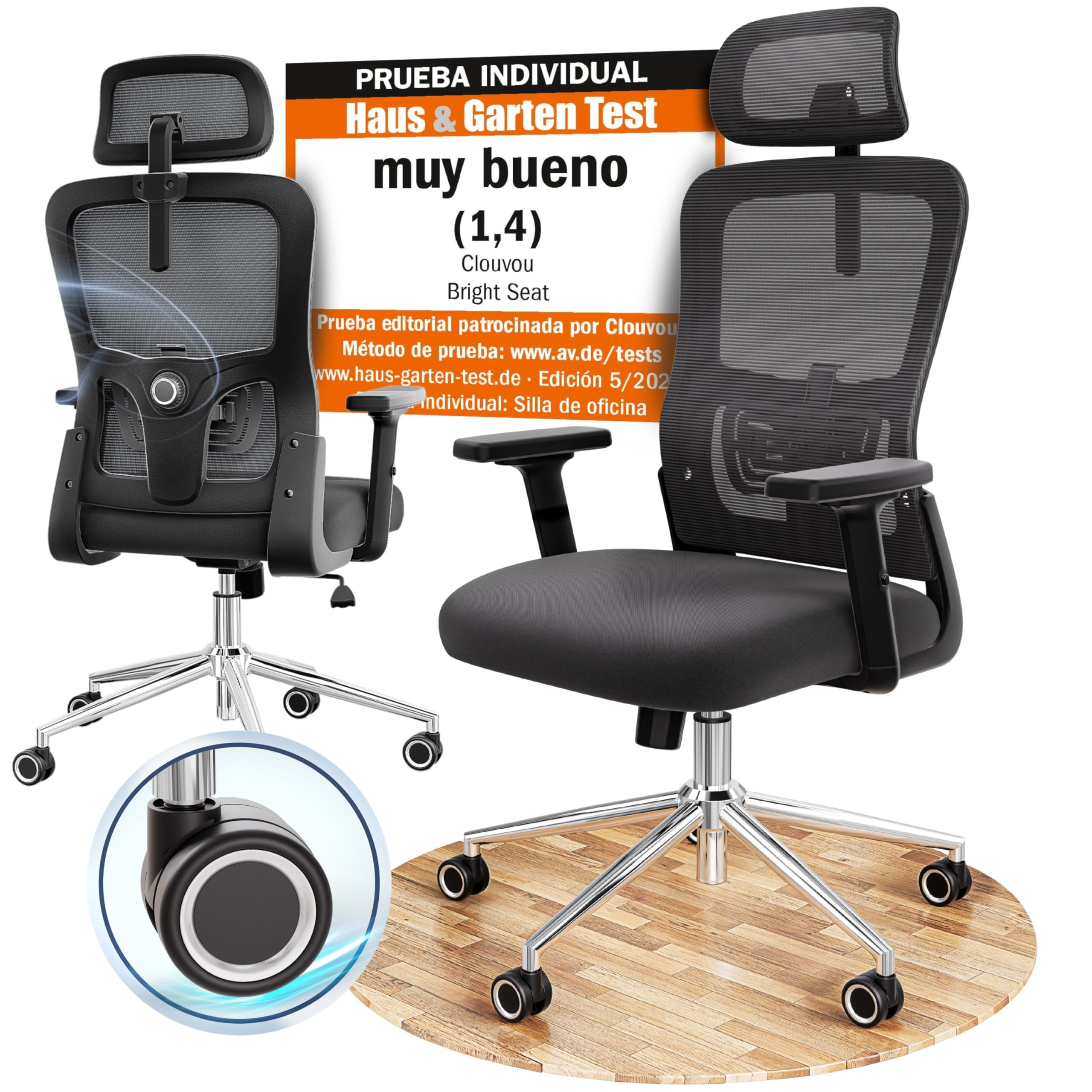 CLOUVOU Silla de Oficina Ergonomica con Ruedas [GANADORA DE PUREBAS] Negro