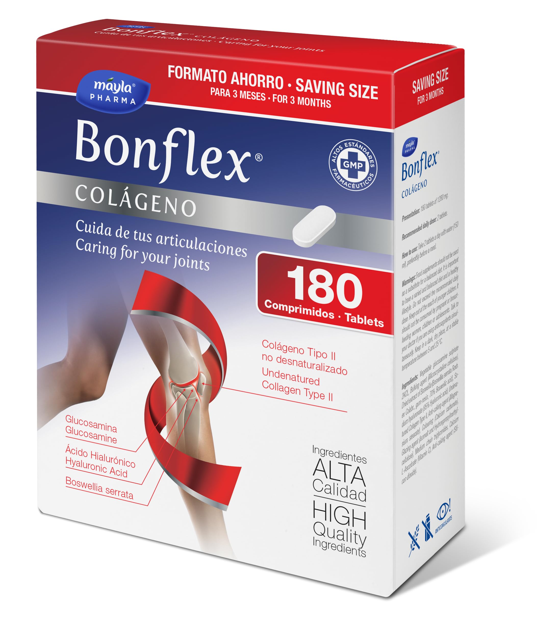 BONFLEX ® Colágeno 180 Comprimidos | FORMATO 3 MESES | 40 mg Colágeno NO desnaturalizado Tipo II | 1500mg Glucosamina | Protección y nutrición de las articulaciones | 2 tomas al día