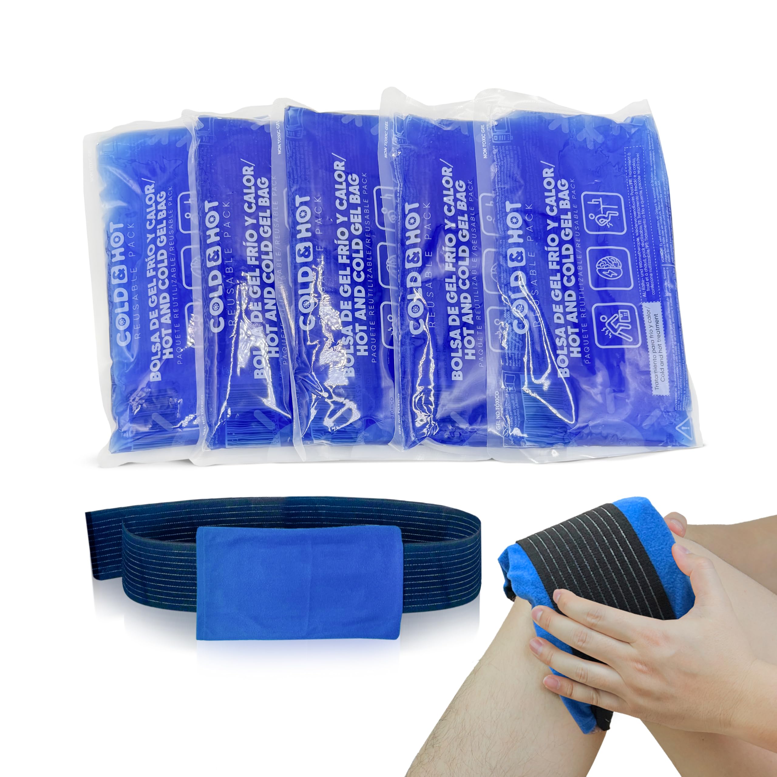SURGICALMED - Pack de 5 Bolsas de Gel Frío o Calor Reutilizables (26 x 15 cm) - Incluye 1 Funda Multiposición de Tela con banda de compresión - Aptas para Nevera y Microondas - Ideales para Terapias