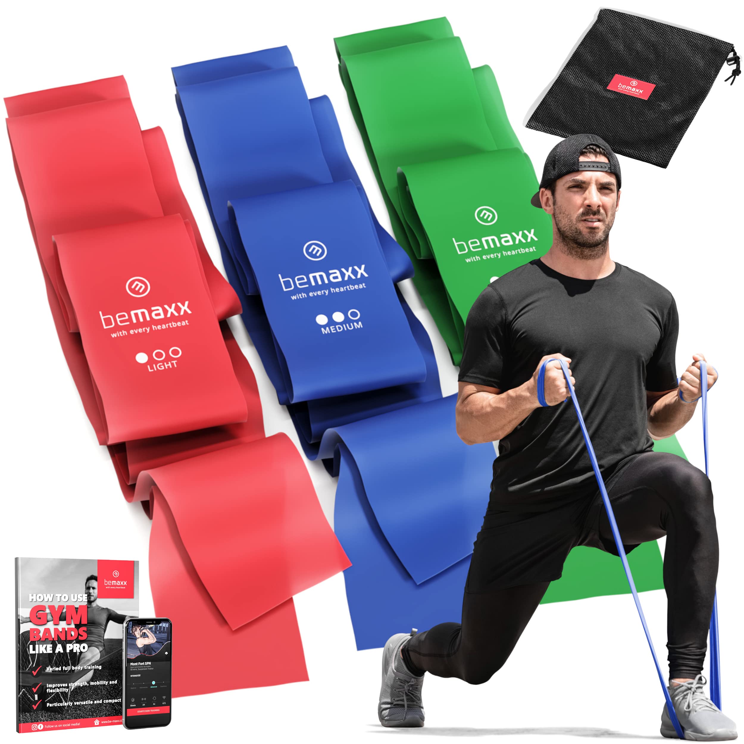Bandas Elásticas Set de 3 Resistencias/Cintas Extra Largas 2m + eBook Guía de Ejercicios | Mini Fitness Bands Kit | Látex Natural Gomas Gimnasia Pilates Glúteos Boxeo